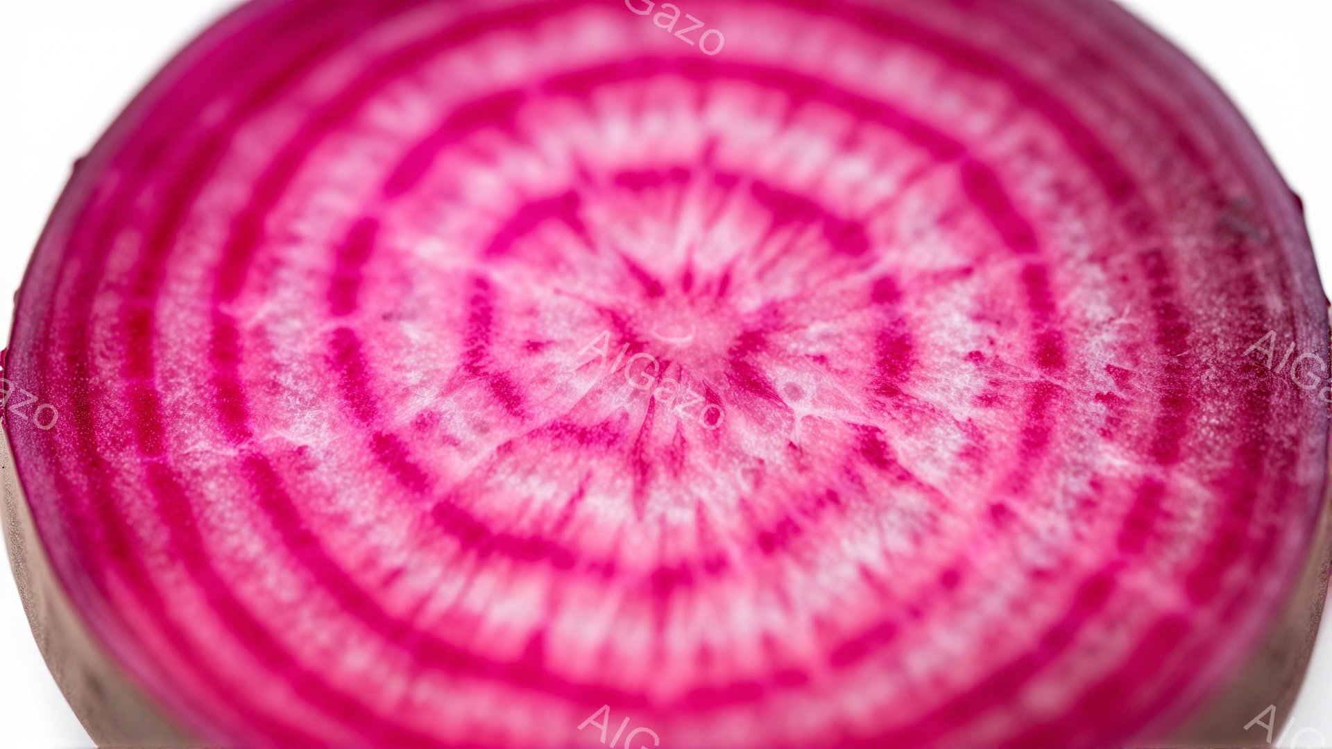 この画像は、赤紫色のビーツのスライス断面をクローズアップしたものです。中心から放射状に広がる年輪のような模様が美しく、自然が生み出した繊細なデザインが際立っています。鮮やかな色彩とテクスチャが、まるで抽象絵画のような印象を与えます。