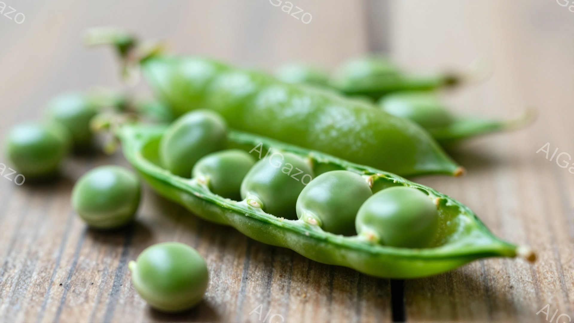鮮やかな緑色のさやが開き、中から丸い緑色の豆が顔を覗かせています。豆はさやの中で整然と並び、数個はさやからこぼれ落ちています。背景には木目の美しい板があり、豆の自然な色合いと相まって、温かみのある雰囲 - AI生成フリー素材