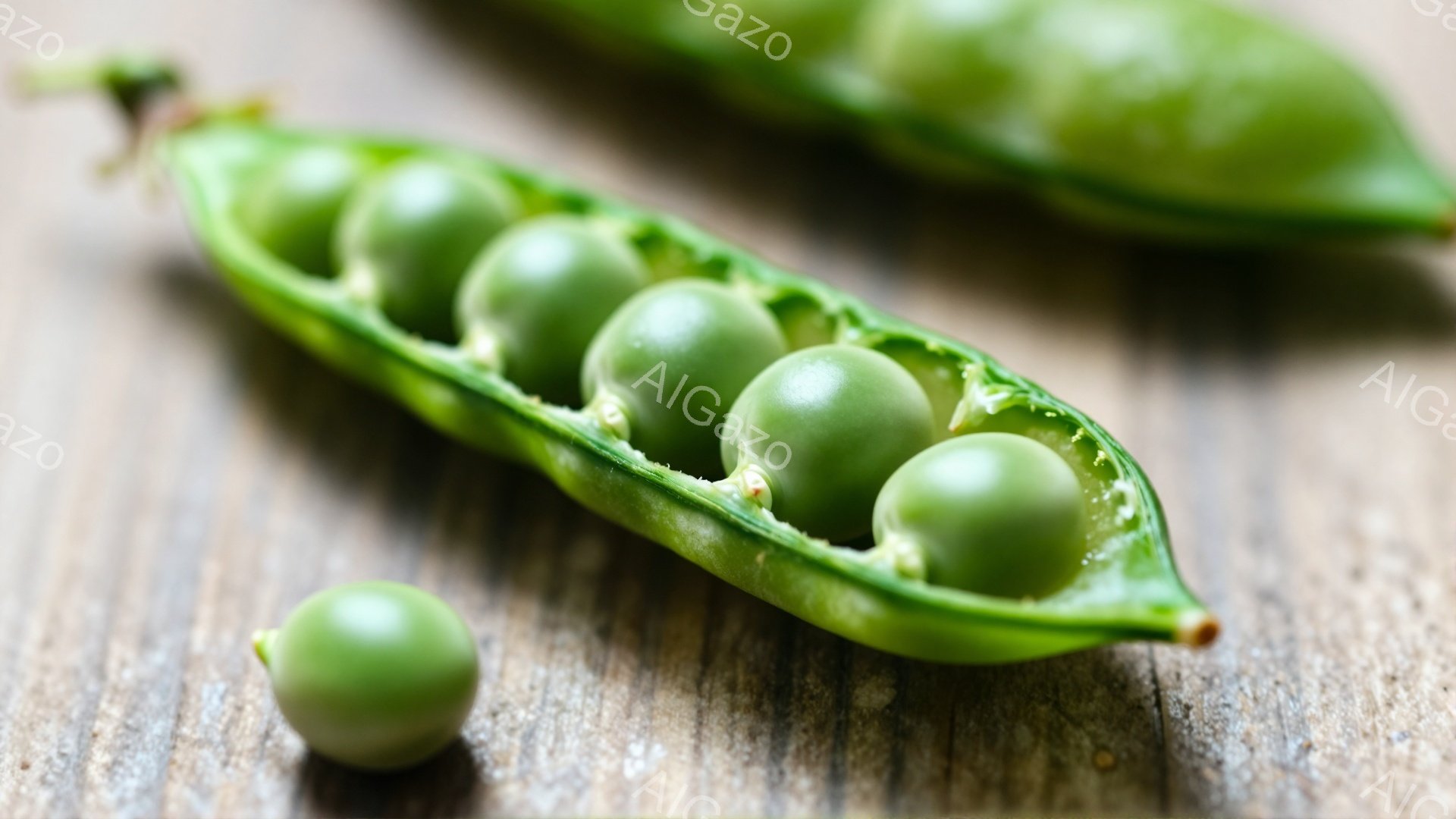 鮮やかな緑色のさやが、木製のテーブルの上に開いており、中には丸い緑色の豆がいくつか入っています。さやの一部は開いて豆がこぼれ落ちており、新鮮さと自然の恵みを感じさせる構図です。背景は木目が見えるテーブルで、豆の緑色を引き立てています。