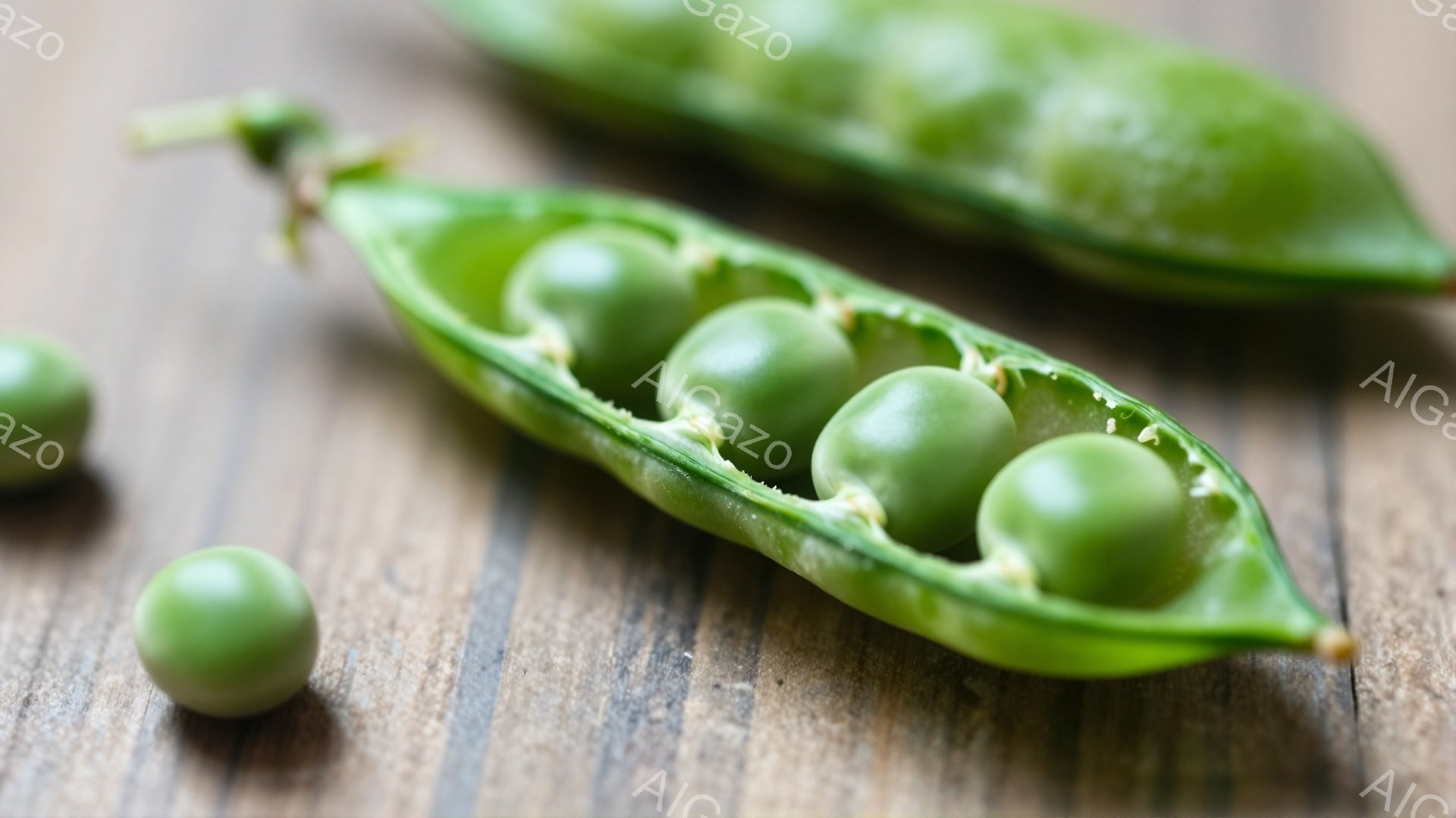 表面に木目が見える板の上に、割れたエンドウ豆が置かれています。中には丸い緑色の豆がいくつか詰まっており、豆の一部は殻からこぼれ落ちています。全体的に明るい自然光の下で、新鮮な農産物の様子が伝わってきます。