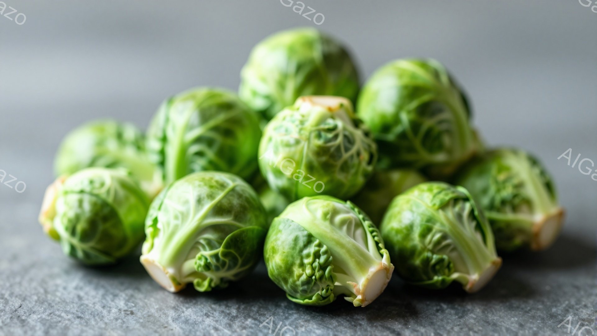 この画像には、切り口が見えるたくさんの芽キャベツが、灰色の背景の上に無造作に置かれています。キャベツは鮮やかな緑色で、葉が幾重にも重なり、独特の模様が楽しめます。全体的にシンプルで自然な雰囲気で、食材としての芽キャベツの美しさを引き立てています。