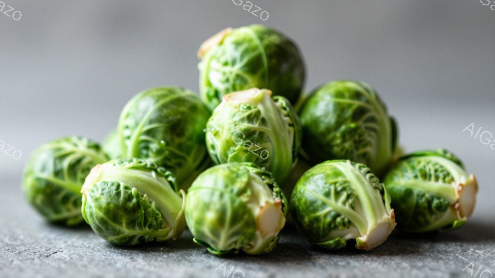 画像には、茶色っぽいグレーの表面に、たくさんの芽キャベツが密集して写っています。キャベツは鮮やかな緑色で、葉の端が少し茶色くなっています。全体的にシンプルで自然な雰囲気で、食卓を彩る食材としての魅力を引き出しています。