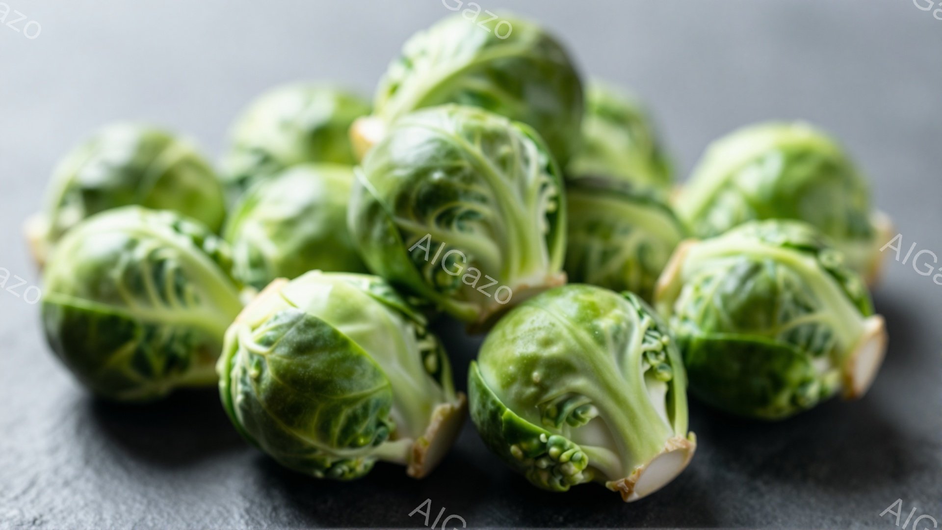 鮮やかな緑色の芽キャベツが、グレーの背景に無秩序に散らばっています。葉は幾重にも重なり、全体的に丸みを帯びた形状で、それぞれに独特の質感が確認できます。光の当たり具合で葉の表面に陰影ができ、立体感と食欲をそそる雰囲気を醸し出しています。