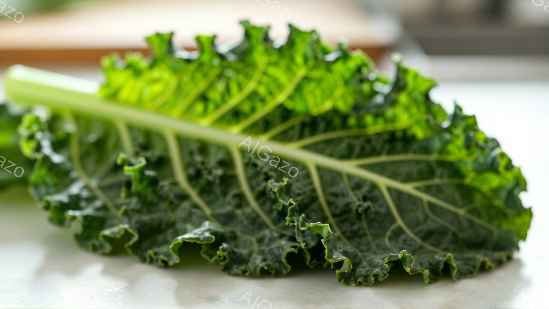 画像は、クリンクルカットのケールの葉のクローズアップです。葉は深緑色で、葉脈がはっきりと見え、表面にわずかな光沢があります。背景は白っぽいカウンタートップで、ぼやけた緑色の他の野菜が見えます。 - AI生成フリー素材