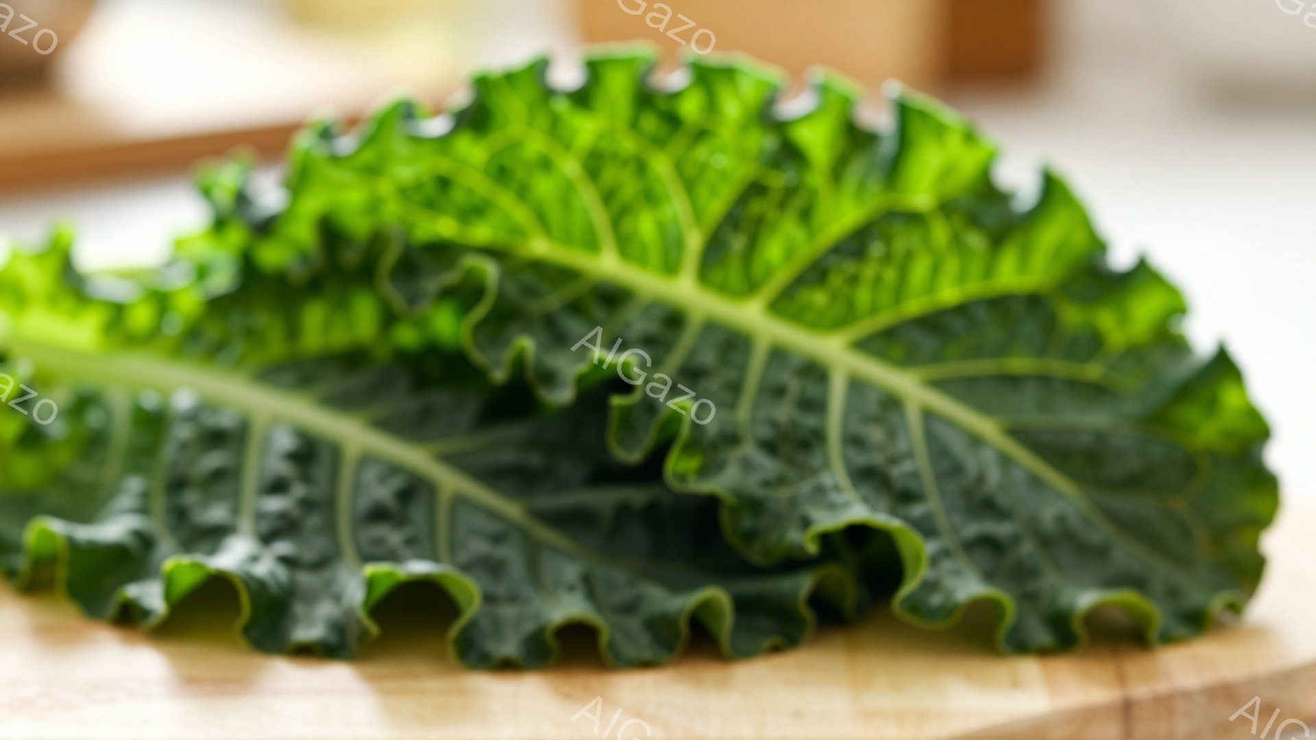 濃い緑色のケールの葉が、木製のまな板の上に置かれています。葉脈がはっきりと見え、葉の縁はギザギザとしており、鮮やかな質感と生命力を感じさせます。背景はぼやけていますが、温かみのある木の色が、ケールの緑色を引き立てています。