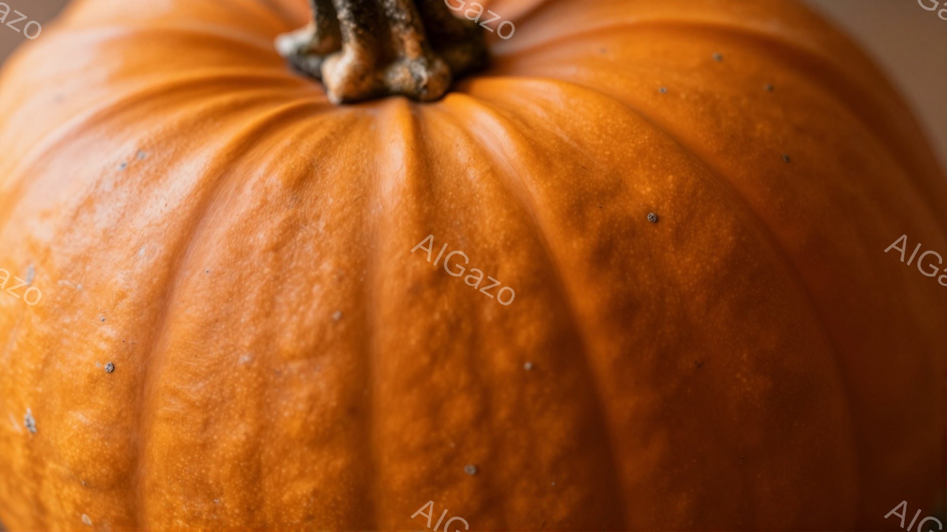 鮮やかなオレンジ色のカボチャが画面いっぱいに広がっています。表面には縦長の溝が刻まれ、少しザラザラとした質感が感じられます。カボチャのヘタは茶色く、独特の形状をしており、全体的に秋の収穫を思わせる温かみのある雰囲気です。