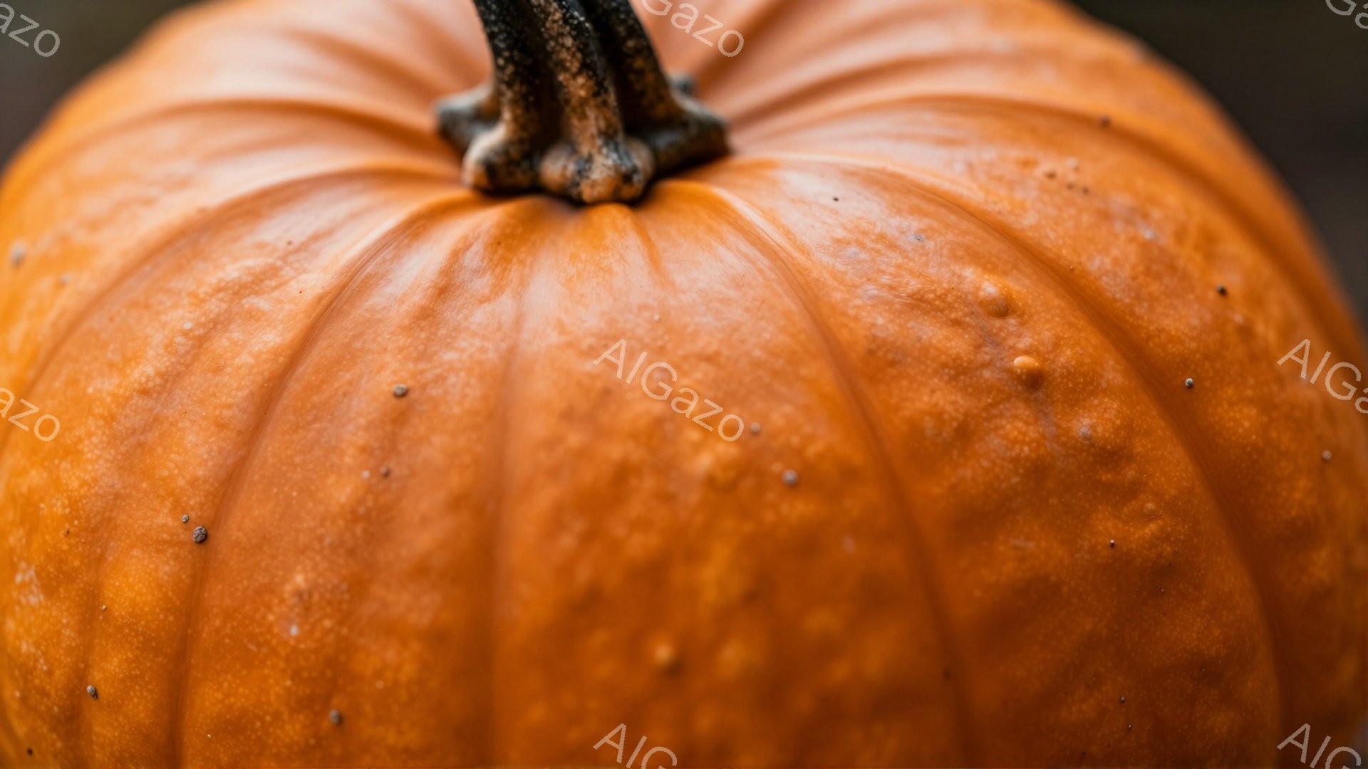 鮮やかなオレンジ色のカボチャが画面いっぱいに広がっています。表面には、リブのような畝があり、質感と立体感が強調されています。カボチャのヘタは暗褐色で、独特の形状をしており、全体的に暖かく秋らしい雰囲気を醸し出しています。