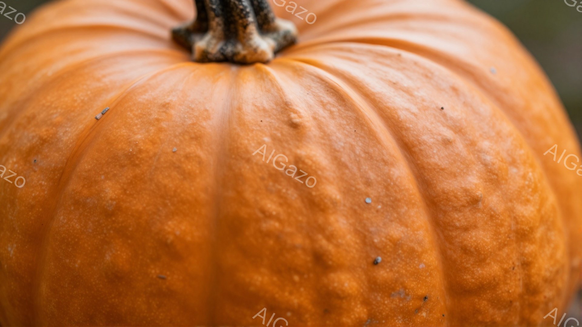 大きなオレンジ色のカボチャが画面を占めており、その表面には不規則な隆起と溝が見られます。カボチャのヘタは濃い茶色で、ゴツゴツとした質感が特徴的です。背景はぼやけており、緑色の葉や植物がわずかに見え、秋の収穫の雰囲気を醸し出しています。