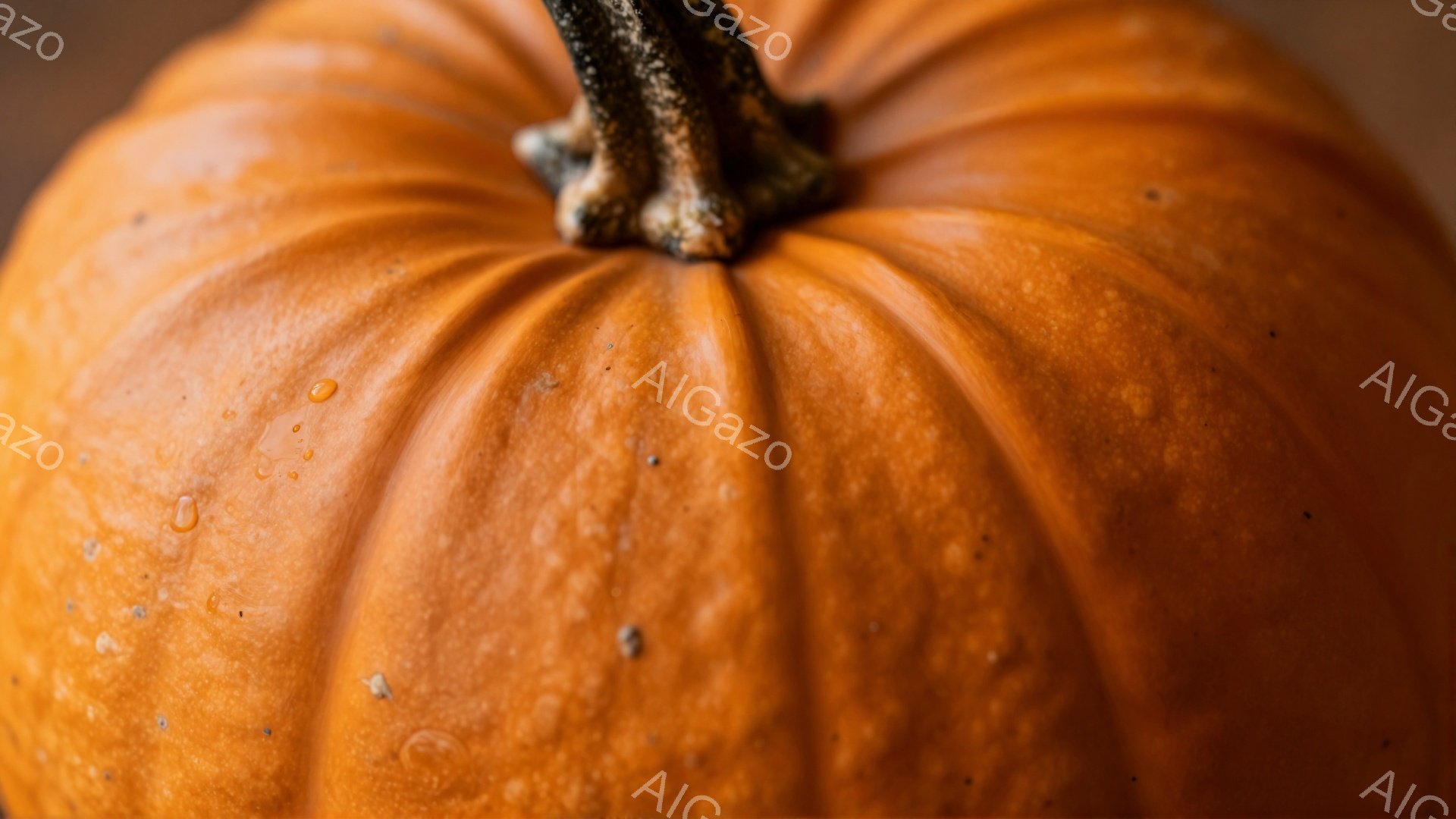鮮やかなオレンジ色のカボチャが画面を占めており、独特の隆起と溝が強調されています。表面には小さな水滴が点在し、わずかに光沢を帯びています。カボチャのヘタは暗褐色で、質感がよくわかります。