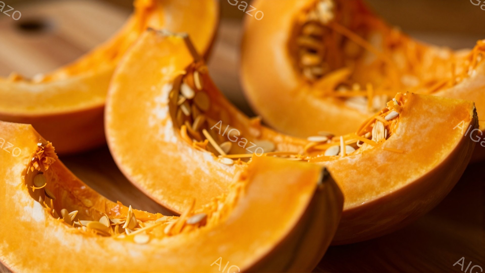 鮮やかなオレンジ色のカボチャが数切れ、木製のテーブルの上に置かれています。カボチャの断面からは、多くの種が見え、内部の繊維質の構造がはっきりとわかります。全体的に暖かく、食欲をそそる雰囲気で、秋の収穫を思わせる構図です。