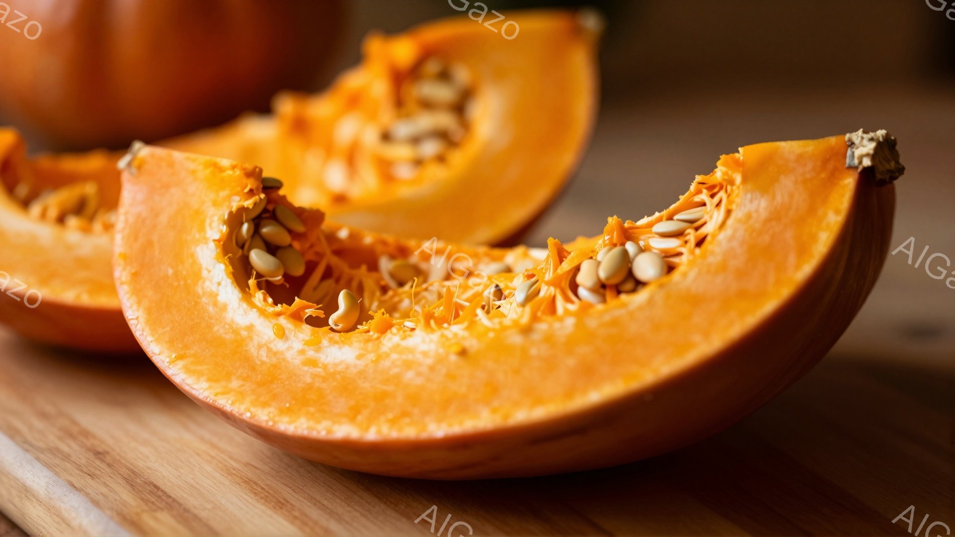 鮮やかなオレンジ色のカボチャが半分にカットされ、種が見える状態で木製の板の上に置かれています。カボチャの断面は、柔らかいオレンジ色で、内部の種が密集しており、秋の収穫を感じさせます。背景はぼかされており、カボチャそのものの鮮やかさと質感が際立っています。