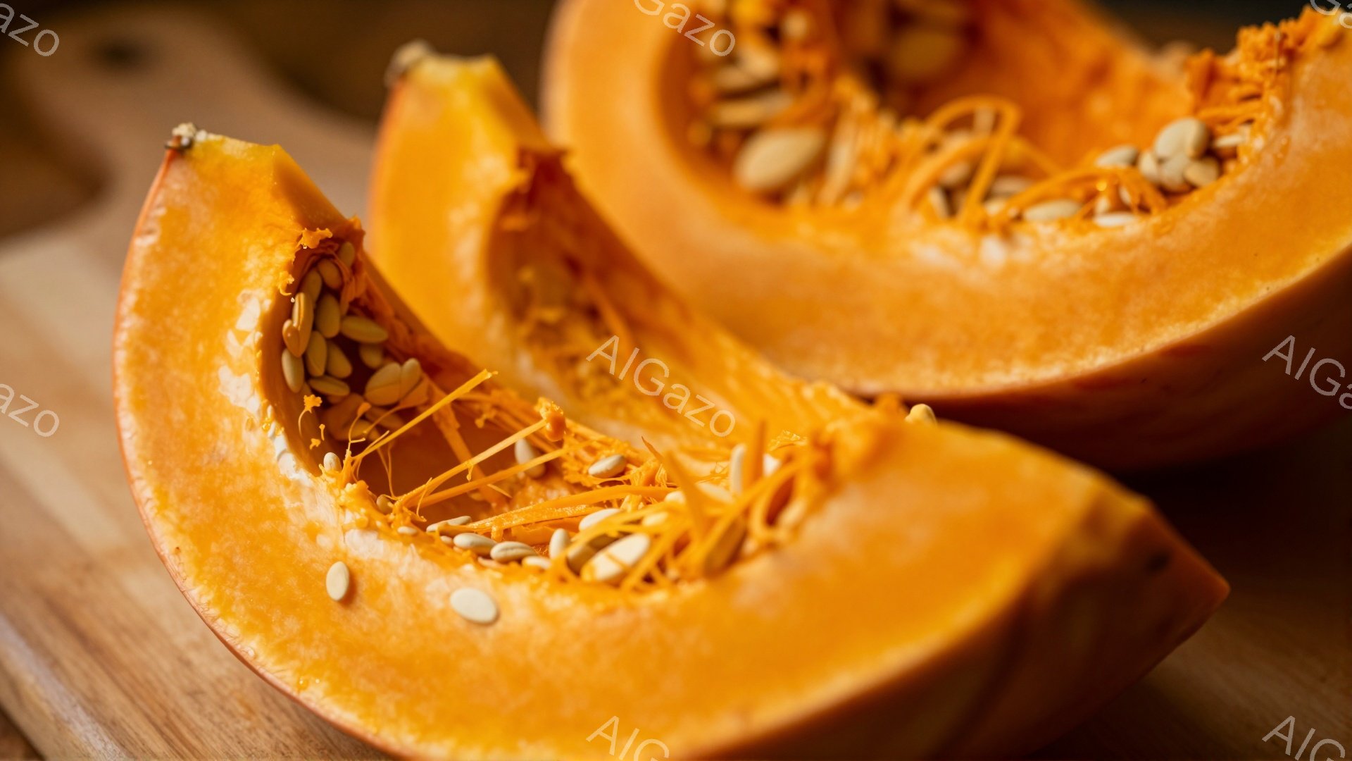 鮮やかなオレンジ色のカボチャが半分にカットされた様子が写っています。カボチャの断面からは、細い繊維状のものと種子が多数見え、まるで内部構造が露わになっているかのようです。背景は木製の板で、暖かく落ち着いた雰囲気を醸し出しています。