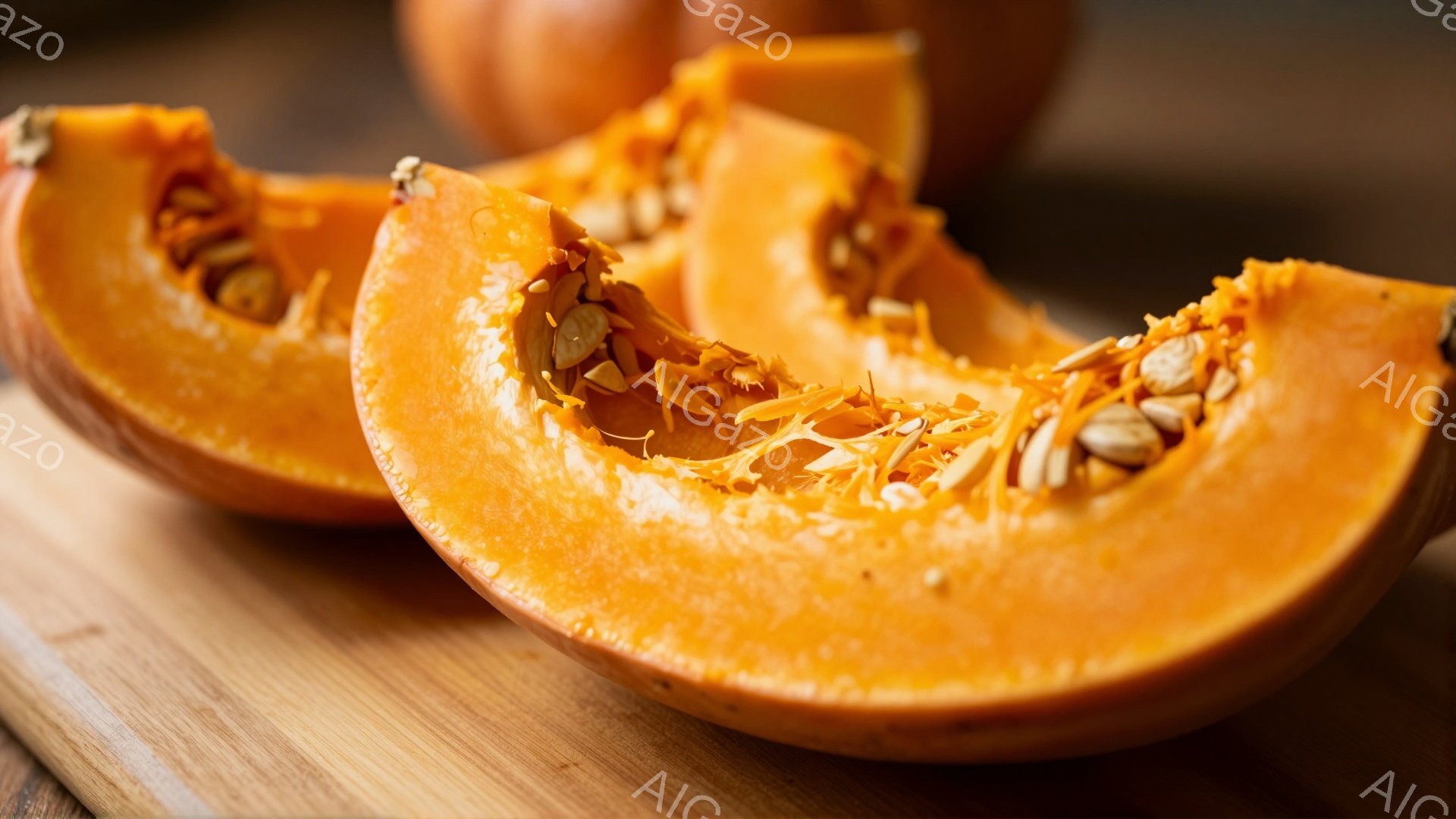 切り分けたカボチャが木製の板の上に置かれています。鮮やかなオレンジ色の果肉と、カボチャの種がよく見え、新鮮で自然な雰囲気を醸し出しています。背景はぼかされており、カボチャそのものに焦点が当てられていま - AI生成フリー素材