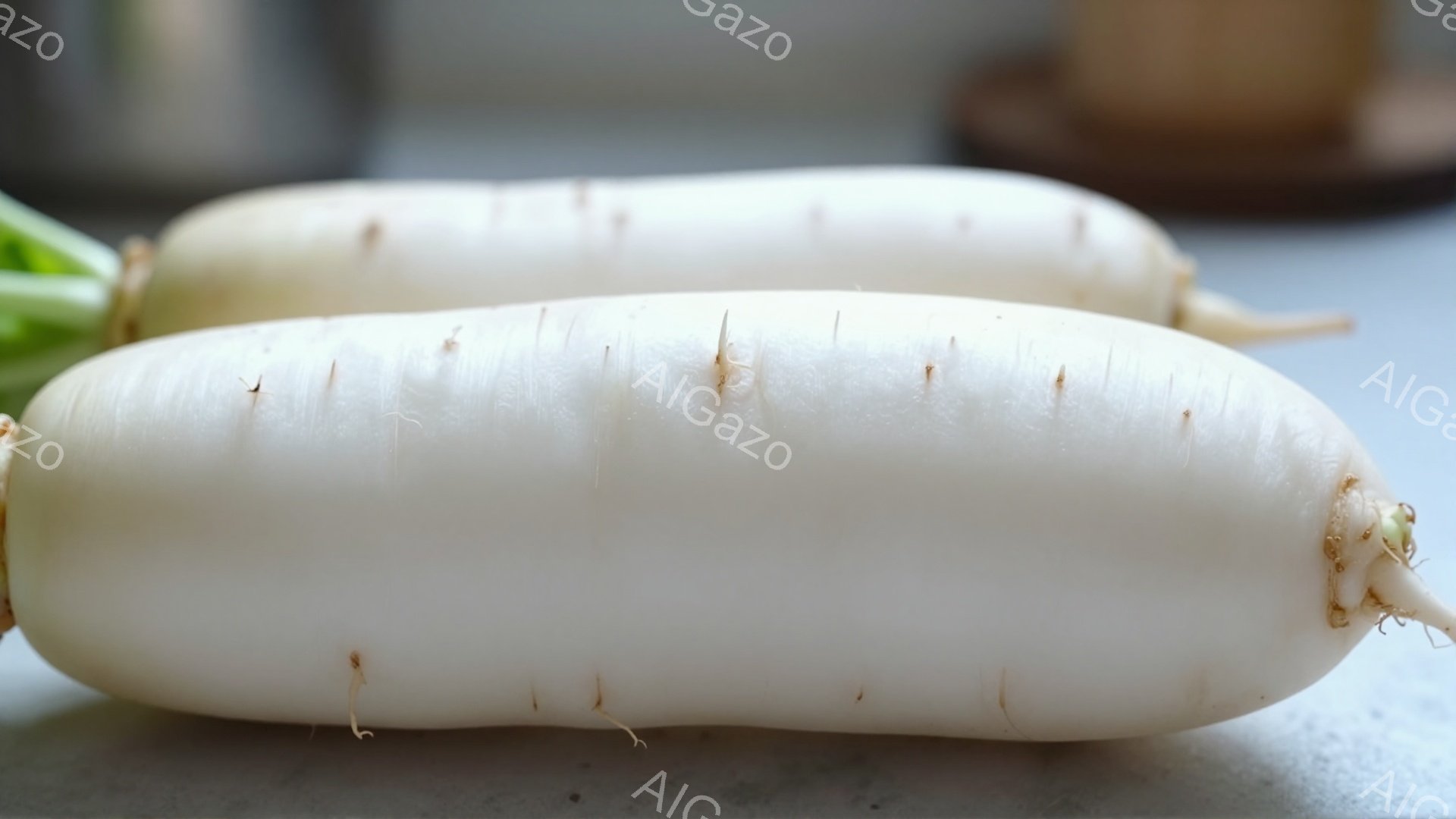 白くて細長い大根が二本、灰色の背景の上に置かれています。大根には土が付着しており、新鮮さが感じられます。全体的にシンプルで清潔感のある、食材の自然な美しさを引き出した写真です。