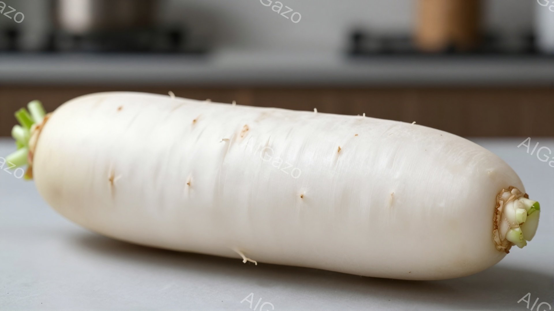 白くて細長い大根が、薄いグレーの台の上に置かれています。大根の緑色の葉が少しだけ見えており、表面には小さな突起が点在しています。背景はぼやけていますが、キッチンの一部のような明るい空間であることがわかります。