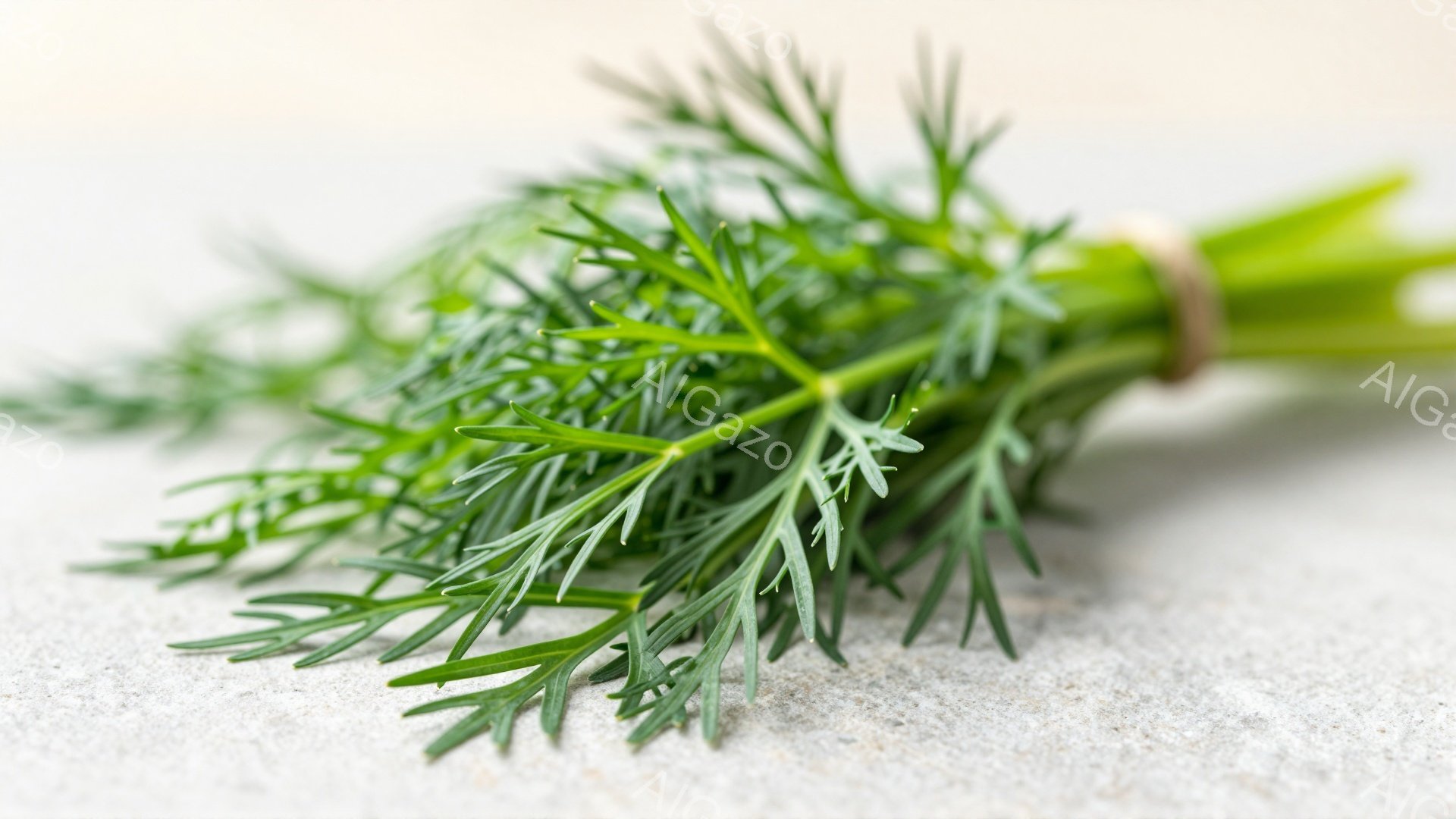 この画像は、切りたてのディル（和名：ディル）の束が灰色の表面に置かれている様子を捉えています。ディルの葉は細長く、鮮やかな緑色で、光沢があり、全体的に自然で爽やかな印象を与えます。背景は均一な灰色で、ディルの緑色が際立っており、シンプルで清潔感のある雰囲気を醸し出しています。