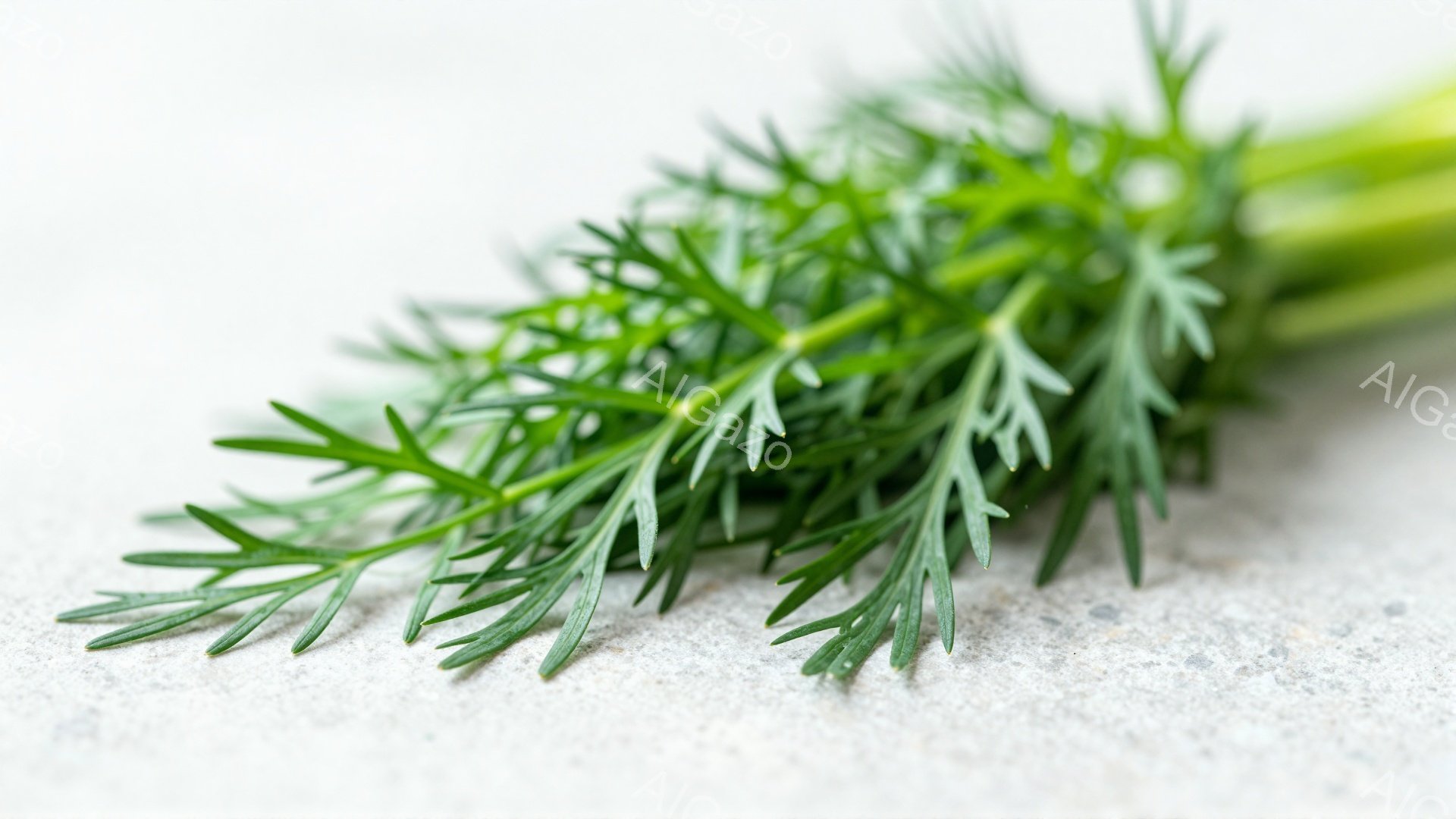 鮮やかな緑色のディルが、ざらざらとした質感の薄いグレーの表面に置かれています。ディルの葉は細長く、繊細な切れ込みがあり、全体的に生き生きとした印象を与えています。背景はぼやけており、ディルが主な被写体として際立っています。