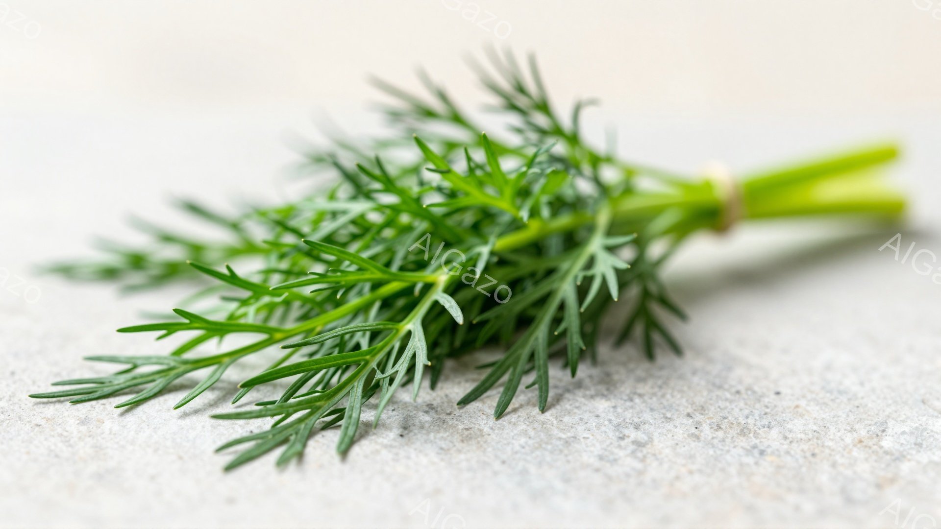 この画像は、テーブルまたはカウンターのような灰色でテクスチャのある表面に置かれたディルの房を描いています。鮮やかな緑色の葉は繊細で羽毛のような形をしており、茎に集まっています。全体的に、画像はシンプル - AI生成フリー素材