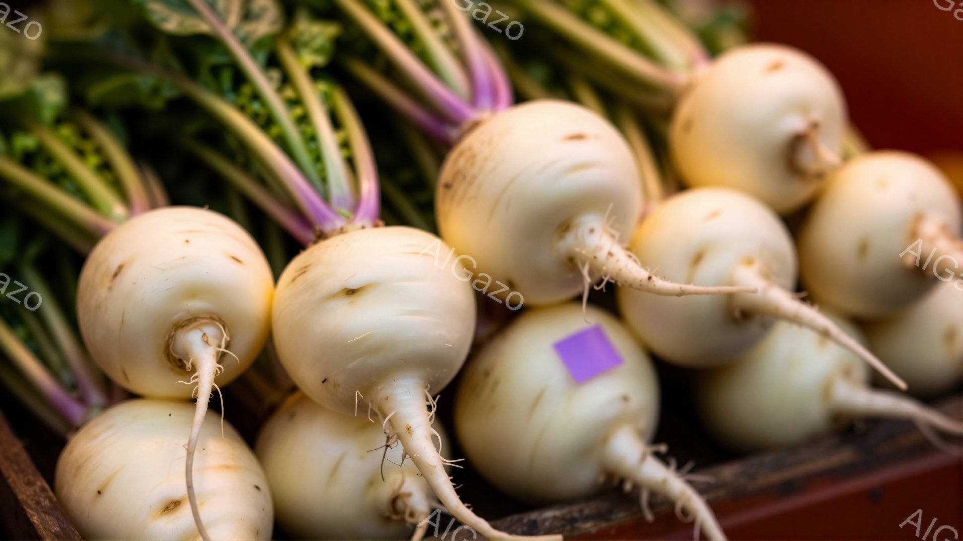 白くて丸い大根が、根元に細い根をつけた状態で密集して写っている。背景には緑色の葉が少し見え、木製の箱のようなものが見られる。全体的に自然で素朴な雰囲気で、新鮮な食材が並んでいる様子が伝わる。
