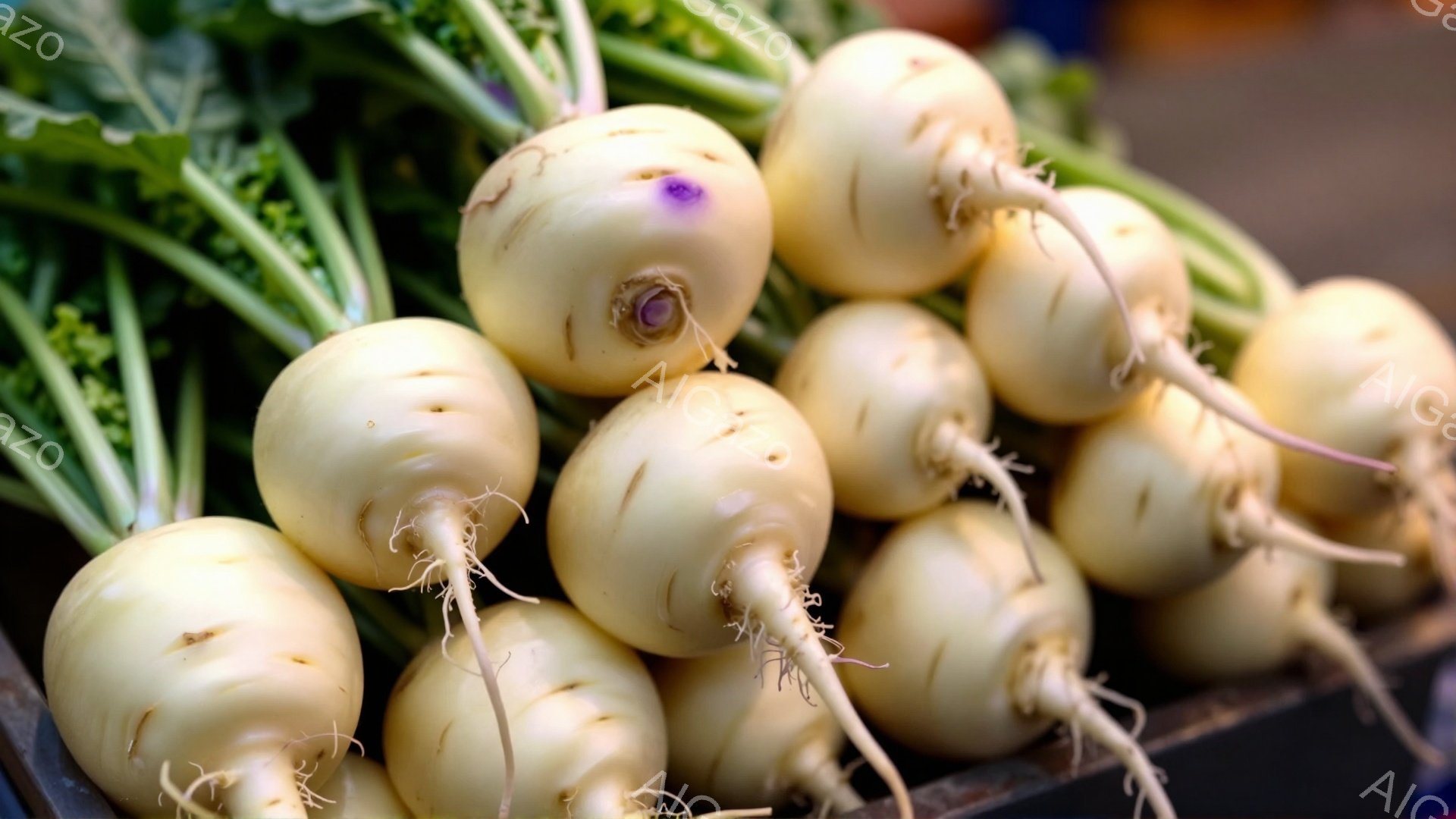 白くて丸い大根が密集して写っており、緑色の葉が少しだけ顔を出している。根元にはまだ土が付いており、新鮮な状態であることがわかる。背景は不明瞭だが、市場や農産物直売所のようであり、素朴で自然な雰囲気が感じられる。