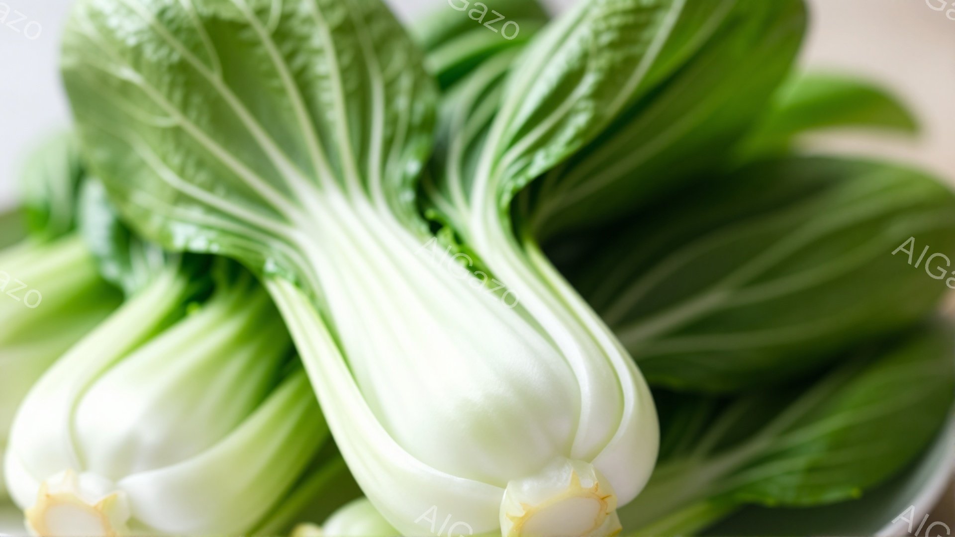 白くて緑色の茎を持つ小松菜が、浅い白い器の中に密集して収められています。葉は鮮やかでみずみずしく、全体的に清潔で新鮮な印象を与えます。背景はぼやけており、野菜そのものに焦点が当てられています。