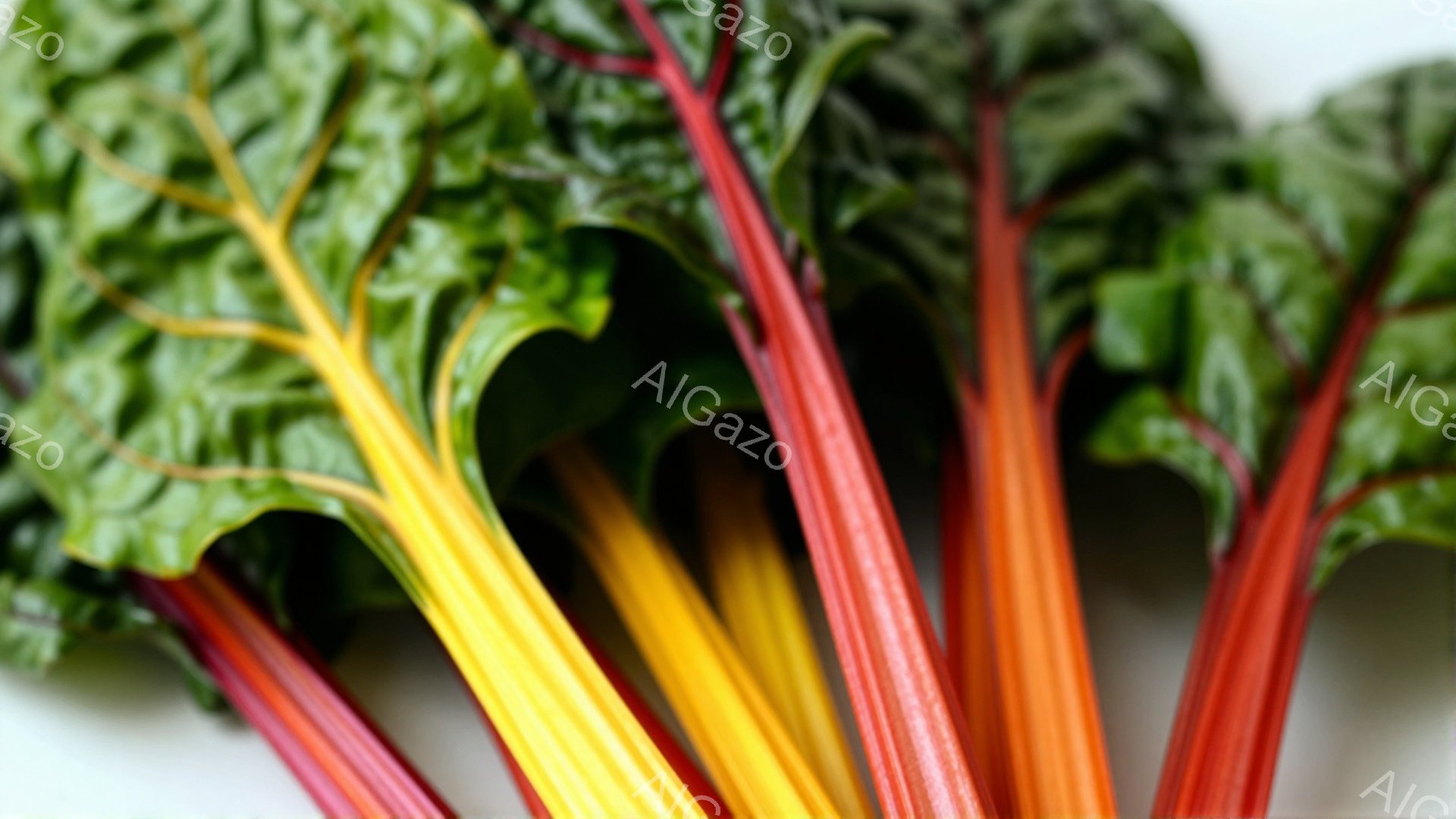 カラフルなチャードの茎が、緑の葉と共に画面いっぱいに広がっています。鮮やかな黄色、赤、オレンジ色の茎が、葉の緑とコントラストを成し、食欲をそそる印象を与えます。背景は白く、茎と葉の色が際立っています。