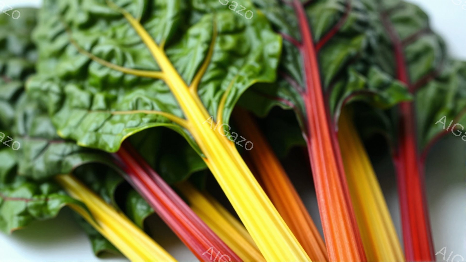 鮮やかな赤、黄色、オレンジ色の茎を持つチャードの葉が画面いっぱいに広がっています。葉は濃い緑色で、光沢があり、新鮮さを感じさせます。背景は白く、野菜の色が際立っています。 - AI生成フリー素材