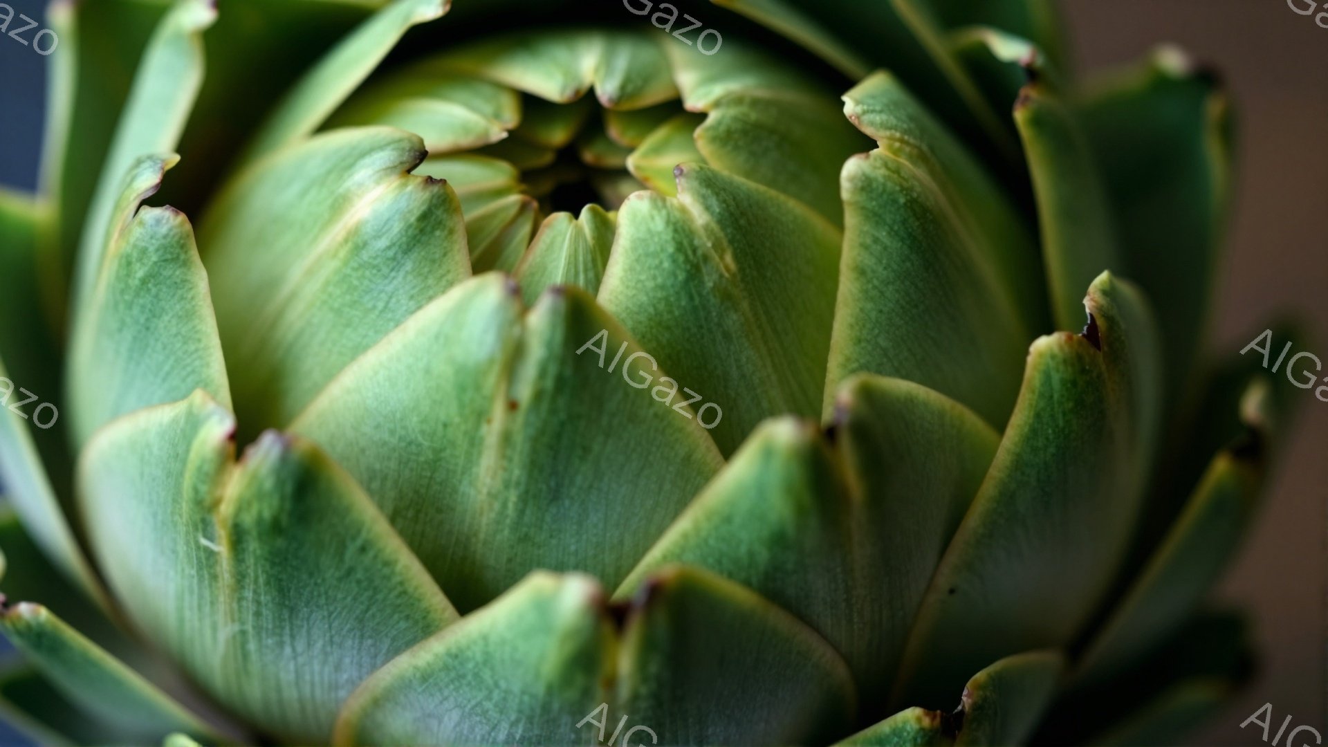 鮮やかな緑色のアーティチョークが画面いっぱいに広がっています。葉は重なり合い、先がわずかに紫色を帯びており、独特の質感と複雑な構造を強調しています。背景は暗く、アーティチョークの鮮やかさが際立っており、植物の自然な美しさを捉えた、静かで瞑想的な雰囲気です。