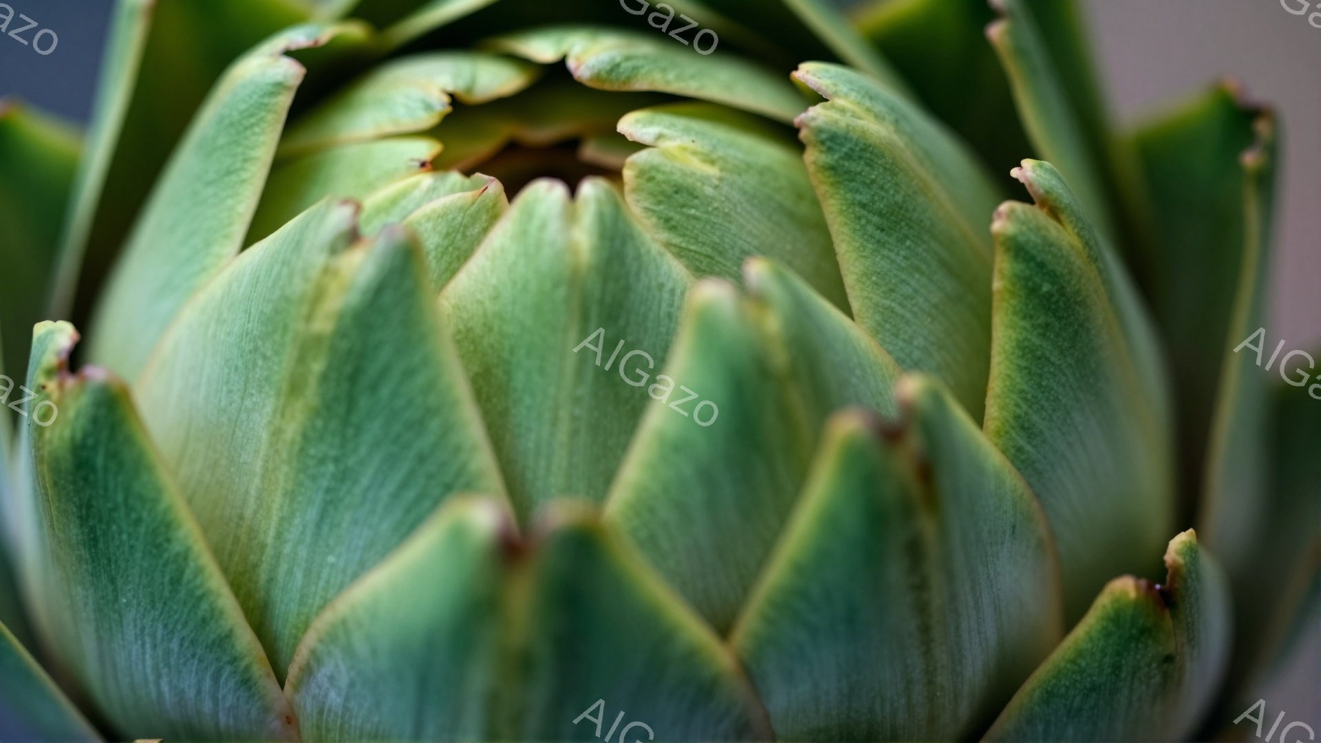 鮮やかな緑色のアーティチョークが画面いっぱいに広がっており、幾重にも重なった葉が複雑な模様を作り出しています。各葉の先端にはわずかに紫がかっており、立体感と繊細さを強調しています。背景はぼやけており、 - AI生成フリー素材
