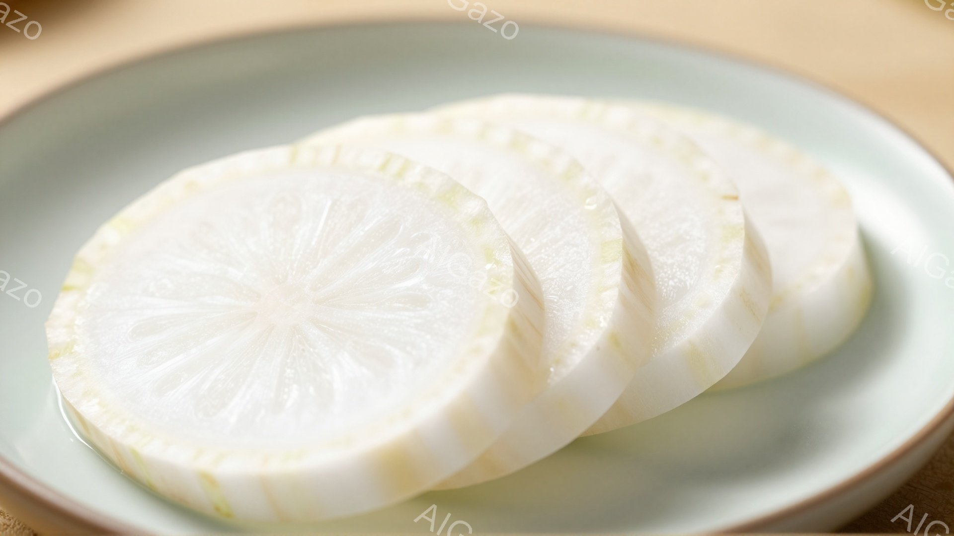 白いお皿の上に、輪切りにされた大根が積み重ねられている。大根の断面は淡い緑が混じり、瑞々しさが感じられる。背景はぼかされており、大根が主役となっているシンプルな構図である。 - AI生成フリー素材