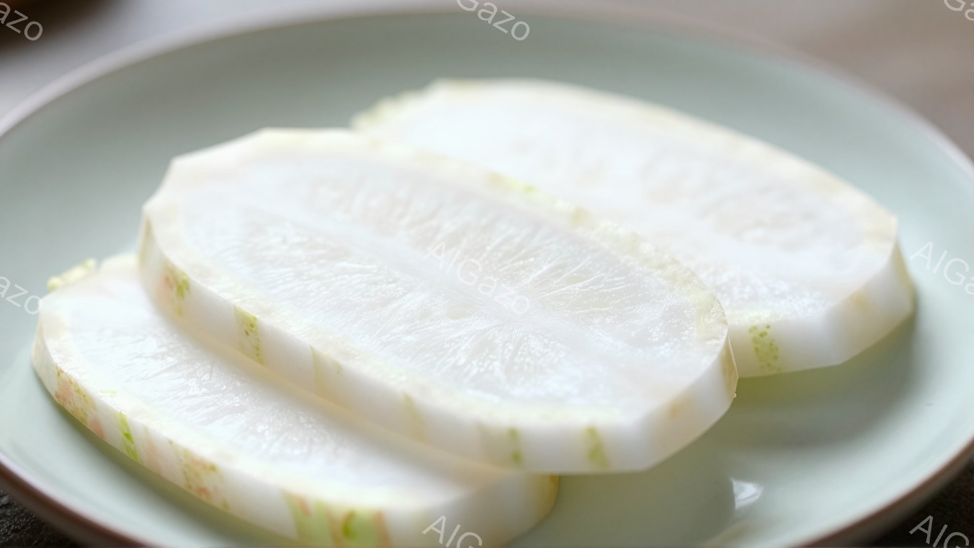 浅緑色の皿の上に、白くて薄く切られた大根の漬物、または白菜の漬物が重ねられています。大根の断面からは、繊維状の模様がはっきりと見え、水分を多く含んだ新鮮さが伝わってきます。シンプルな盛り付けながらも、素材の持つ自然な美しさが際立っており、食欲をそそる一場面です。