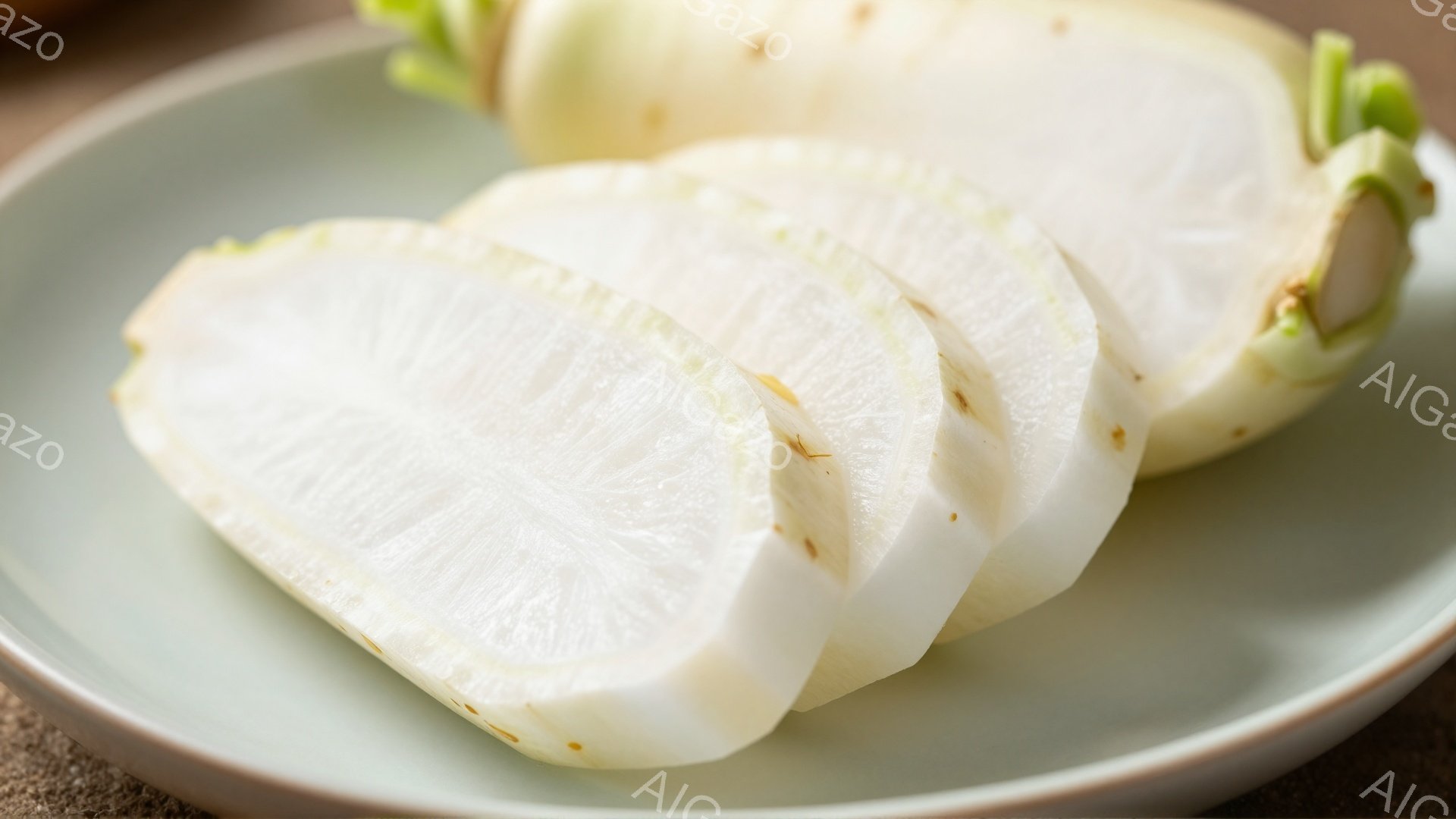 白いお皿の上に、薄切りにした大根が並べられています。大根の断面からは水分が感じられ、新鮮さが伝わってきます。背景はぼかされており、大根が主役として際立っています。