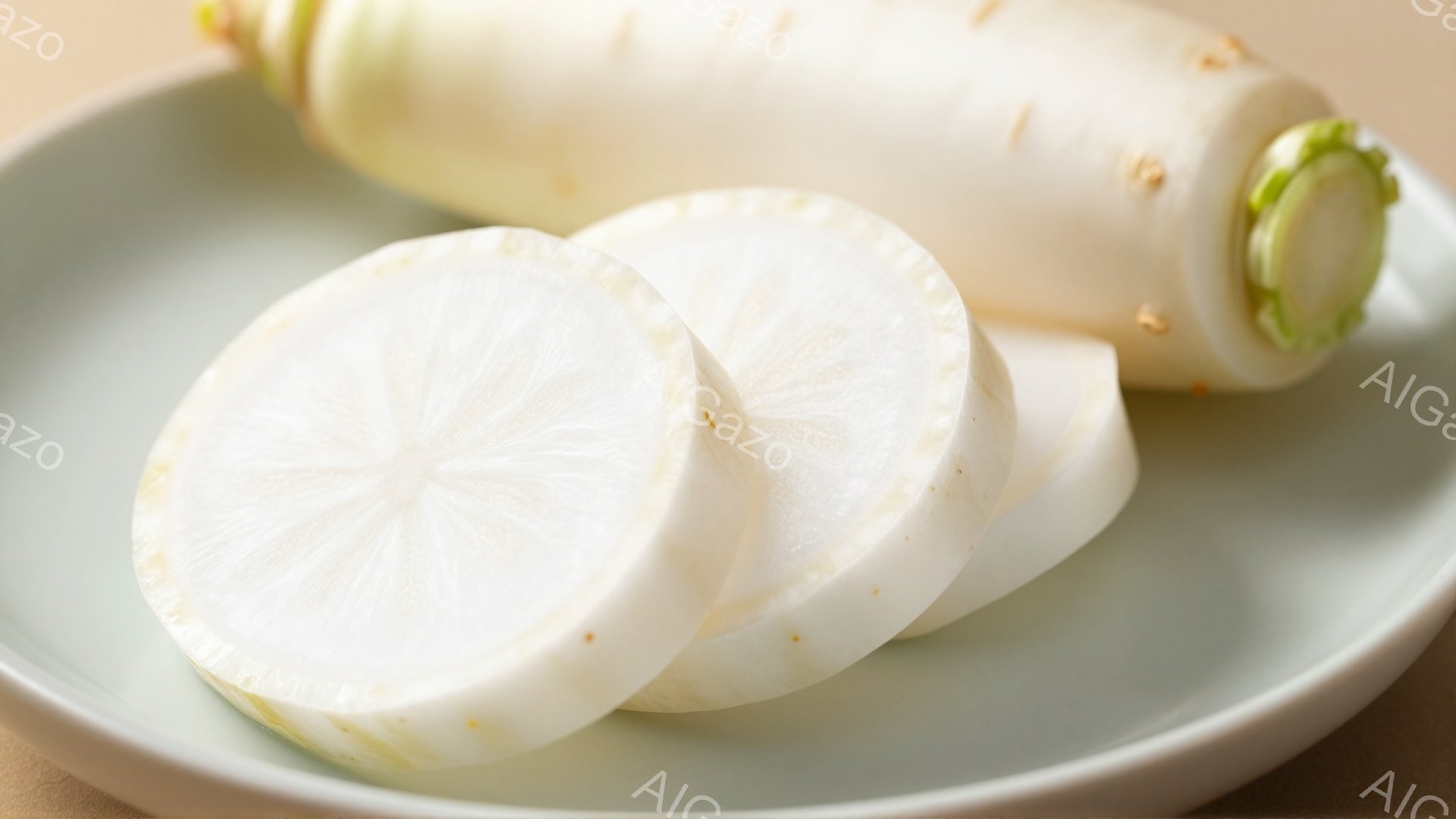 白い大根が薄切りにされ、陶器のような浅い青色の皿に盛り付けられています。大根は新鮮で、水分を多く含んでいるように見え、一部はまだ根付きのままです。背景は淡いベージュ色で、シンプルで清潔感のある印象を与えています。