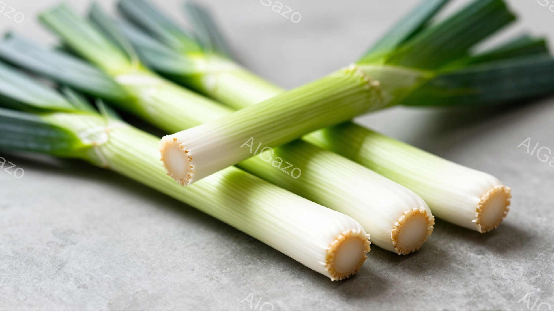 画像には、3本のネギが灰色がかった表面の上に並べられています。ネギは白く、緑色の葉の部分が上部に見え、新鮮で清潔な印象を与えます。背景は均一なグレーで、ネギの色を際立たせており、シンプルなフード写真の雰囲気を醸し出しています。