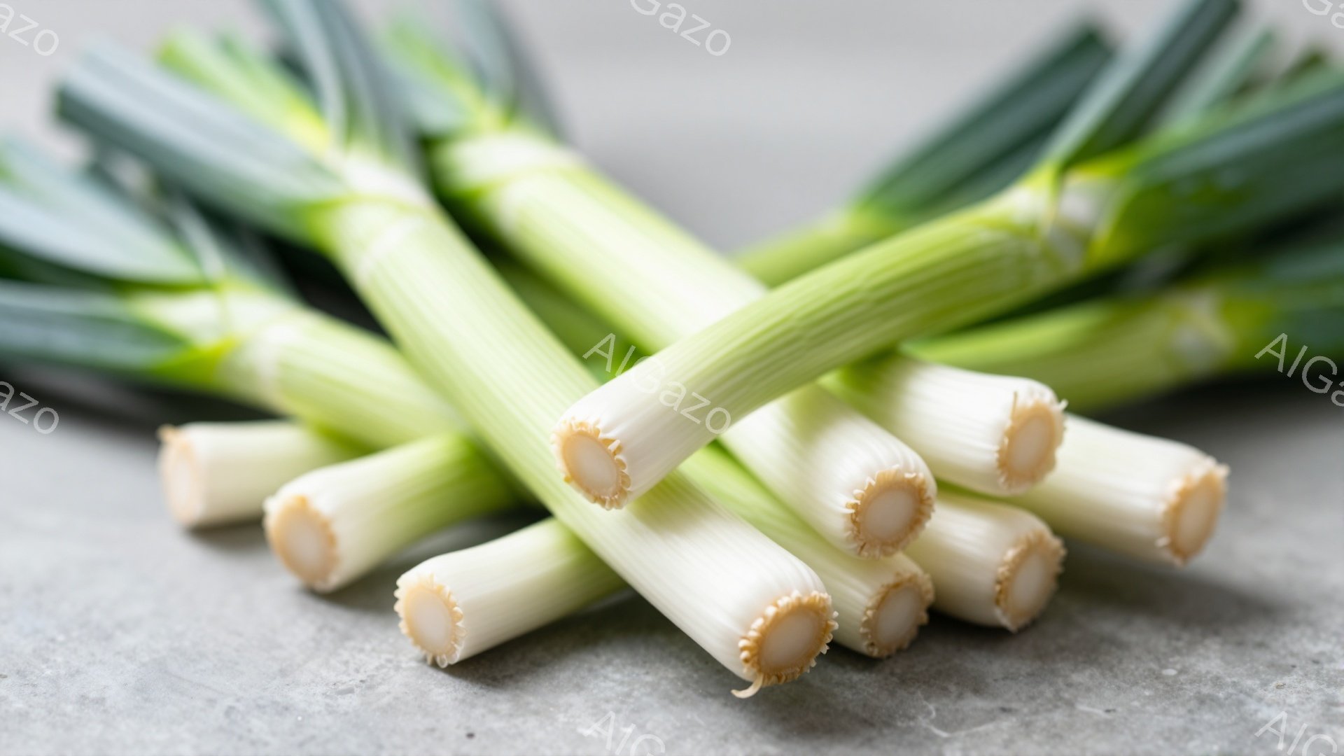 浅いグレーの背景に、数本のネギが丸まって置かれています。ネギは白く太い根元から緑色の葉へと色が変化しており、新鮮でみずみずしい印象を与えます。根元の切り口が丸く整然と並んでいる様子から、調理前の準備段 - AI生成フリー素材
