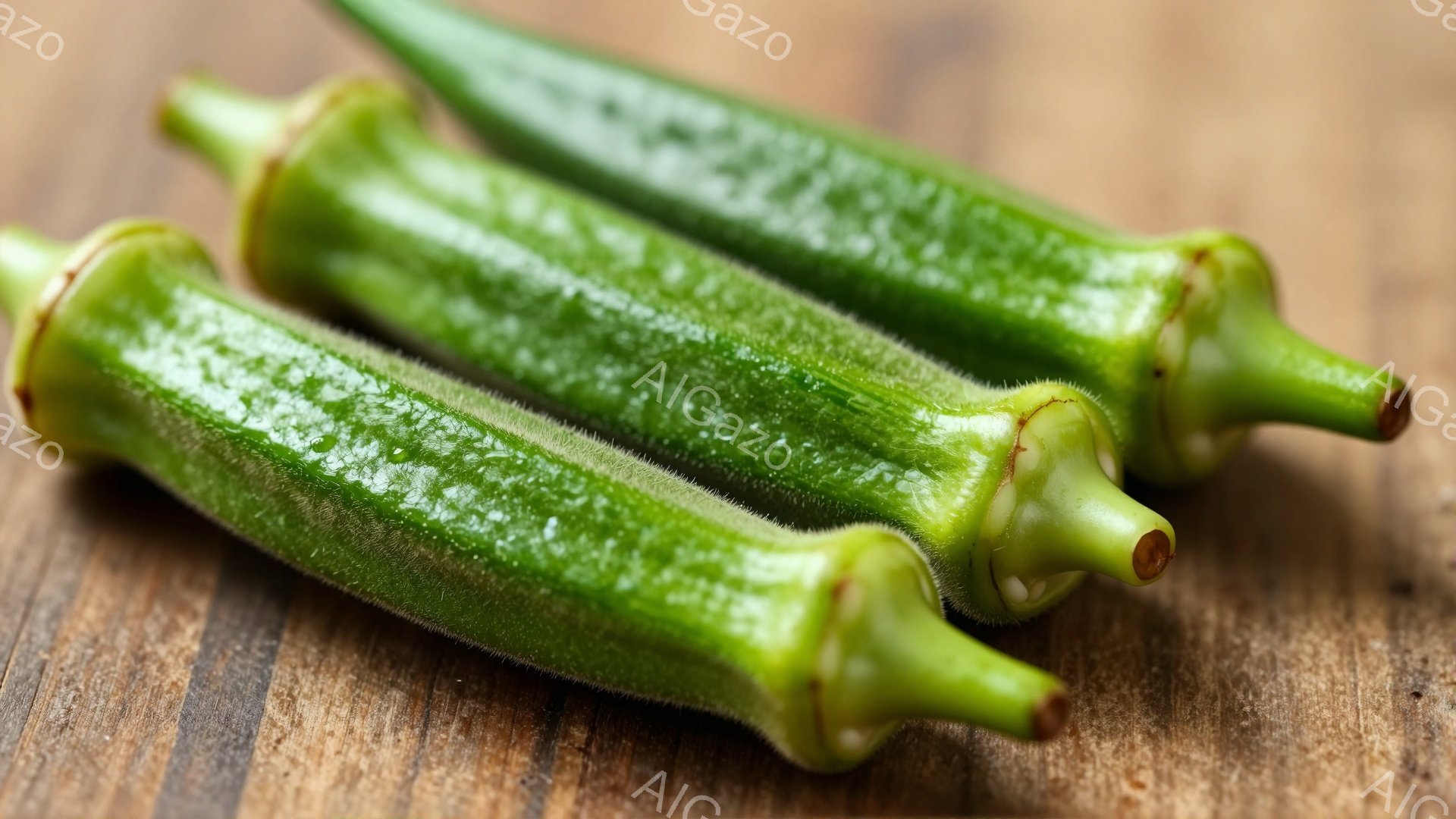 鮮やかな緑色のオクラが、木製のテーブルの上に並んでいます。オクラは少し独特の形状で、表面には細かい毛が生えています。背景は木目がはっきりとしたテーブルで、オクラの緑色が際立っています。 - AI生成フリー素材