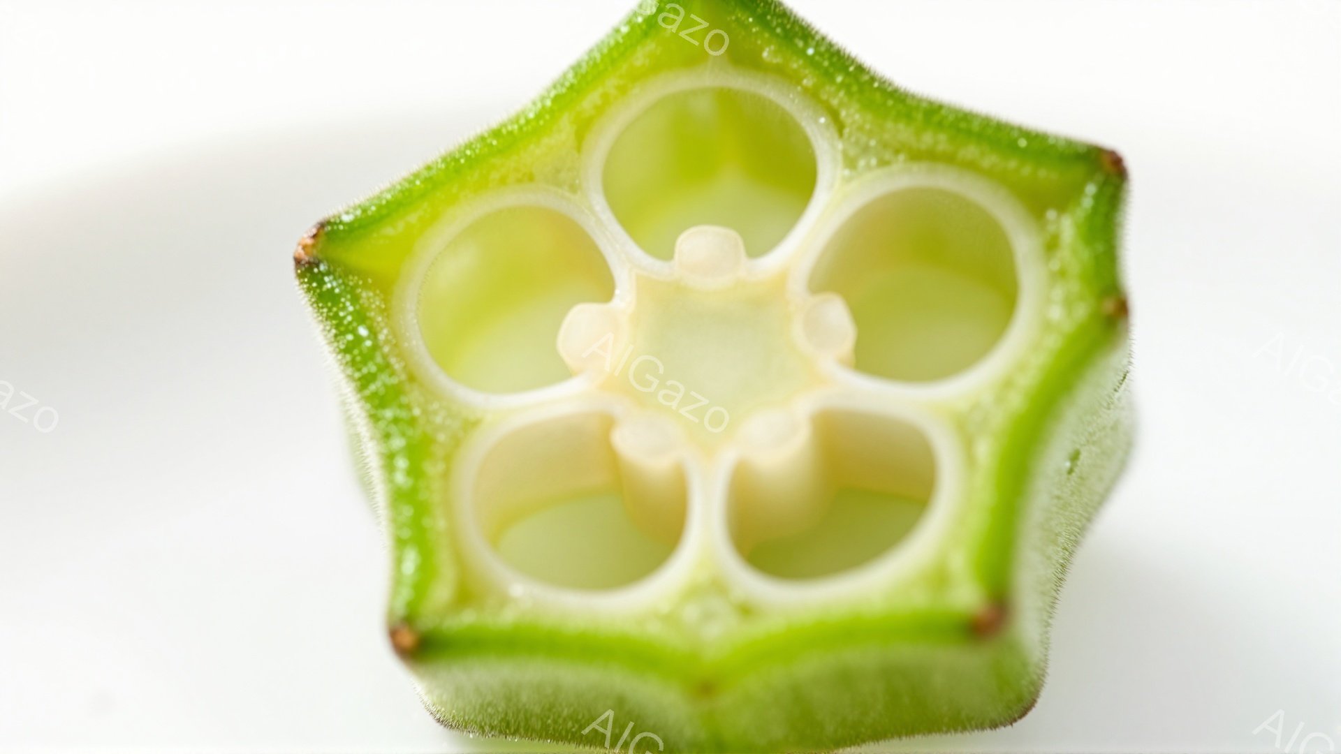 オクラの断面が写っているクローズアップ写真です。鮮やかな緑色の外皮と、内側の白い種を含む中空構造がはっきりと見えます。背景は白く、オクラの独特な形状と質感が際立っています。