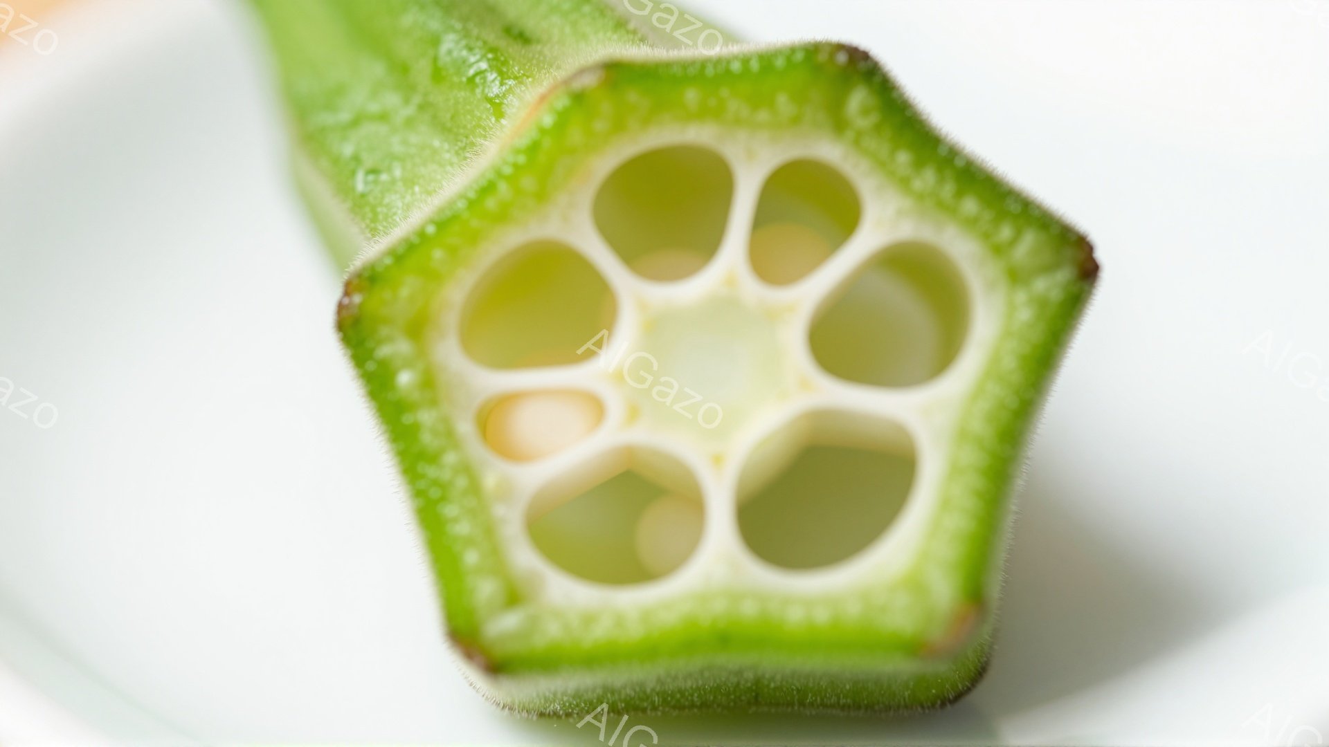 画像は、縦に切断されたオクラの断面をクローズアップしたものです。緑色の表皮と、星形に並んだ小さな空洞が特徴的で、中央に向かって白っぽい種子が確認できます。背景は白く、オクラの鮮やかな緑色が際立っていま - AI生成フリー素材