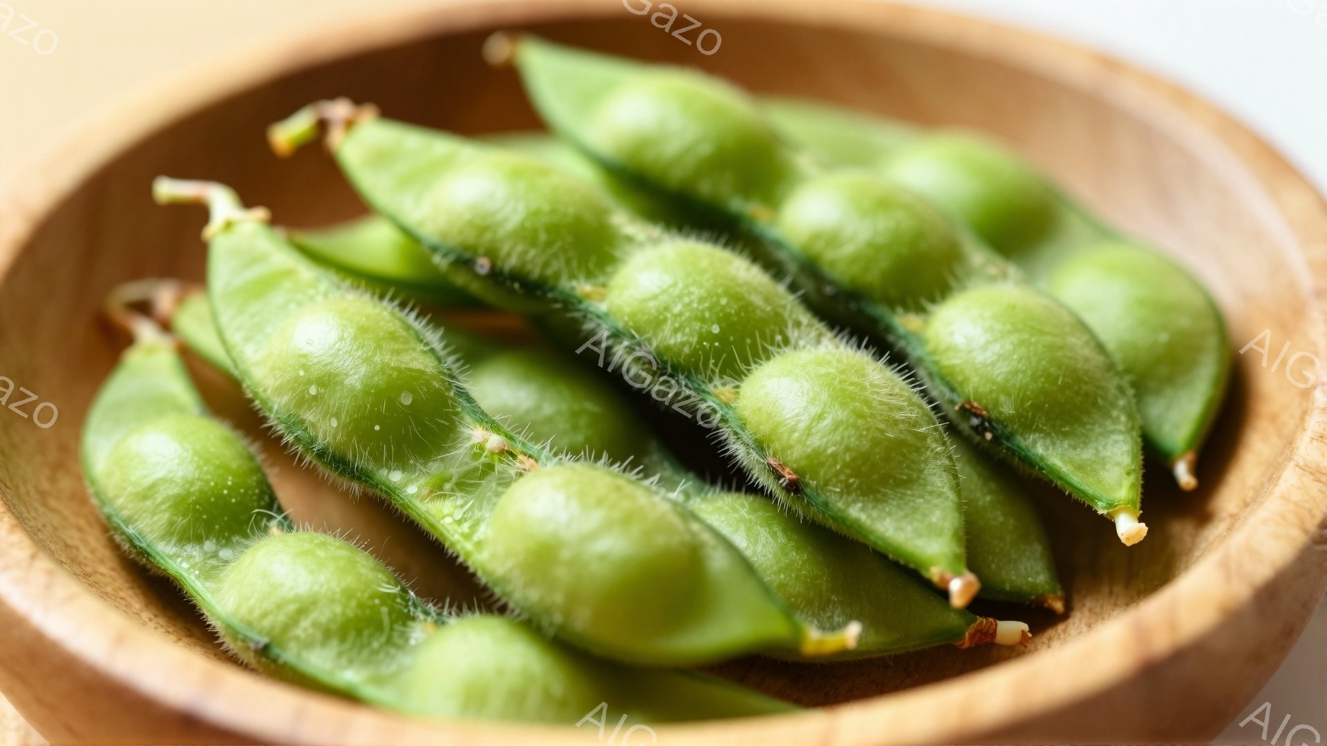 浅い木製の器に、枝豆が山のように盛られています。枝豆は鮮やかな緑色で、表面には細かい毛がみられ、まるでビロードのような質感です。背景はぼやけていますが、柔らかい光が全体を照らし、家庭的で温かい雰囲気を醸し出しています。