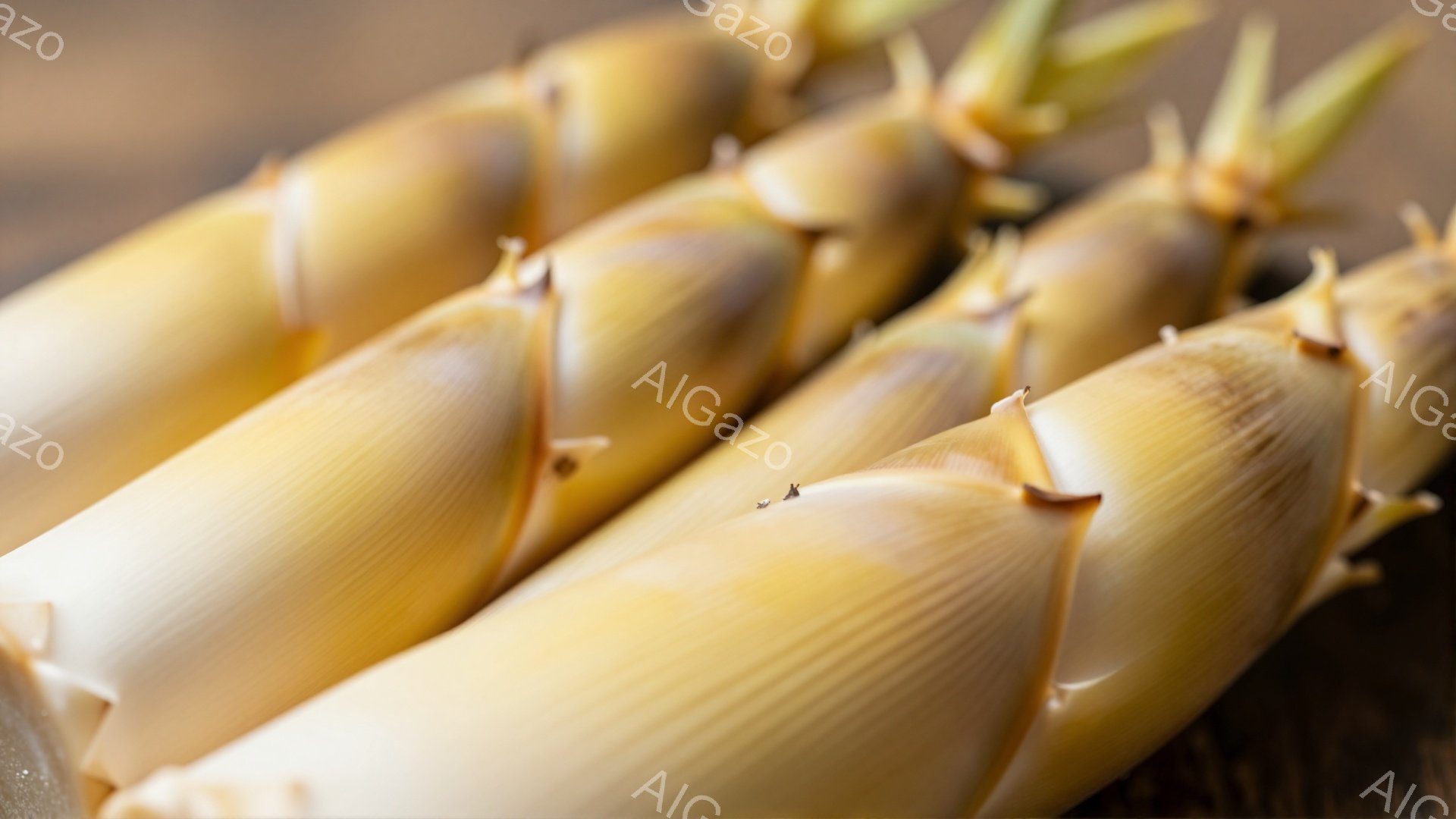 画像には、新芽のタケノコが数本密集して写っています。淡い黄色から茶色がかった色合いで、それぞれに伸び出した芽が確認できます。背景はぼかされており、タケノコそのものを際立たせています。