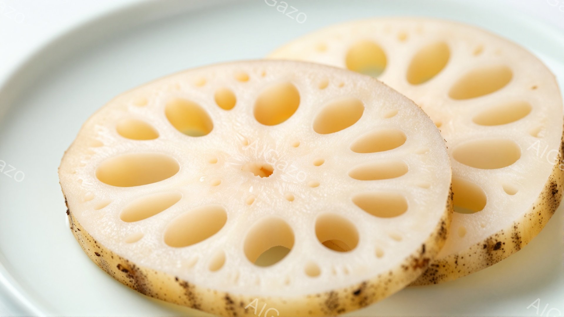 蓮根のスライスが2枚、淡い緑色の皿の上に並べられています。蓮根は淡いクリーム色で、特徴的な穴があいており、切り口の縁には薄い茶色の斑点が見られます。背景はぼかされており、料理に焦点が当てられています。