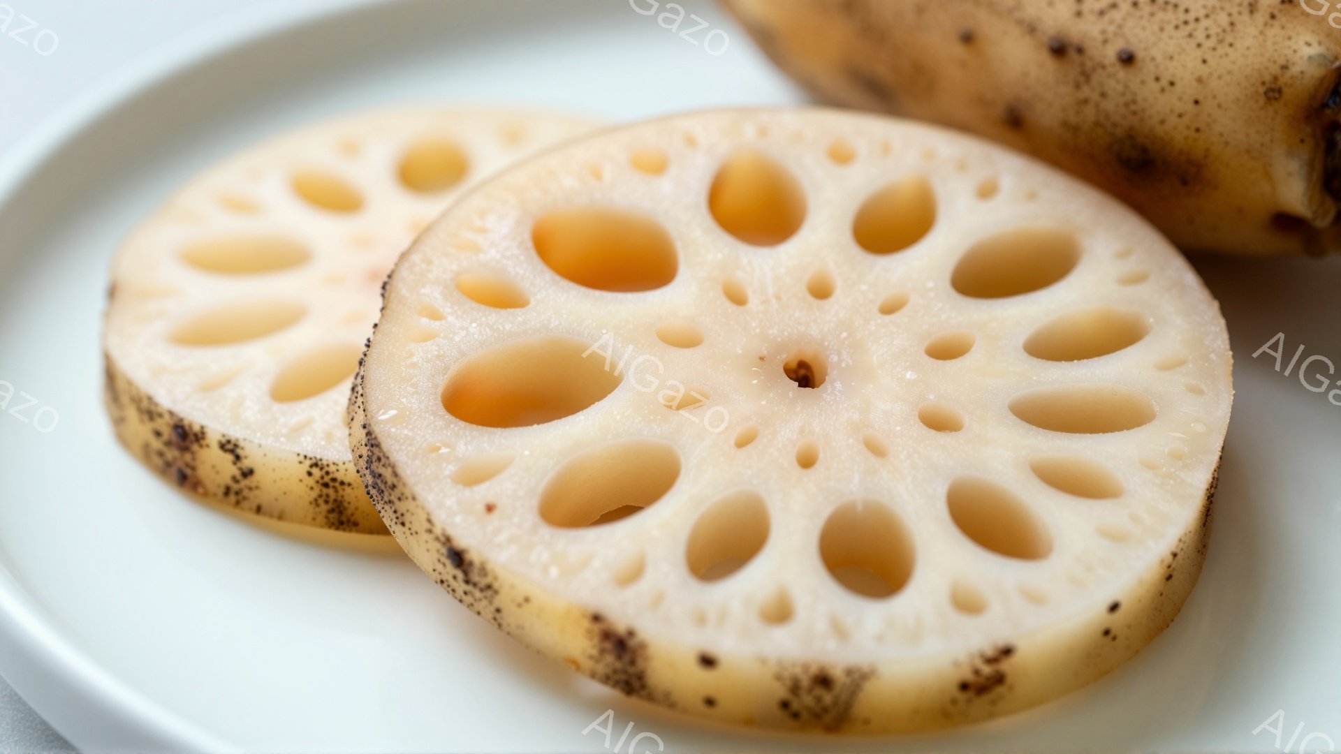 白い皿に蓮根のスライスが2枚並べられています。蓮根は淡いクリーム色で、特徴的な穴が開いており、表面にはわずかな茶色い斑点が見られます。背景はぼかされており、皿と蓮根が際立っています。 - AI生成フリー素材