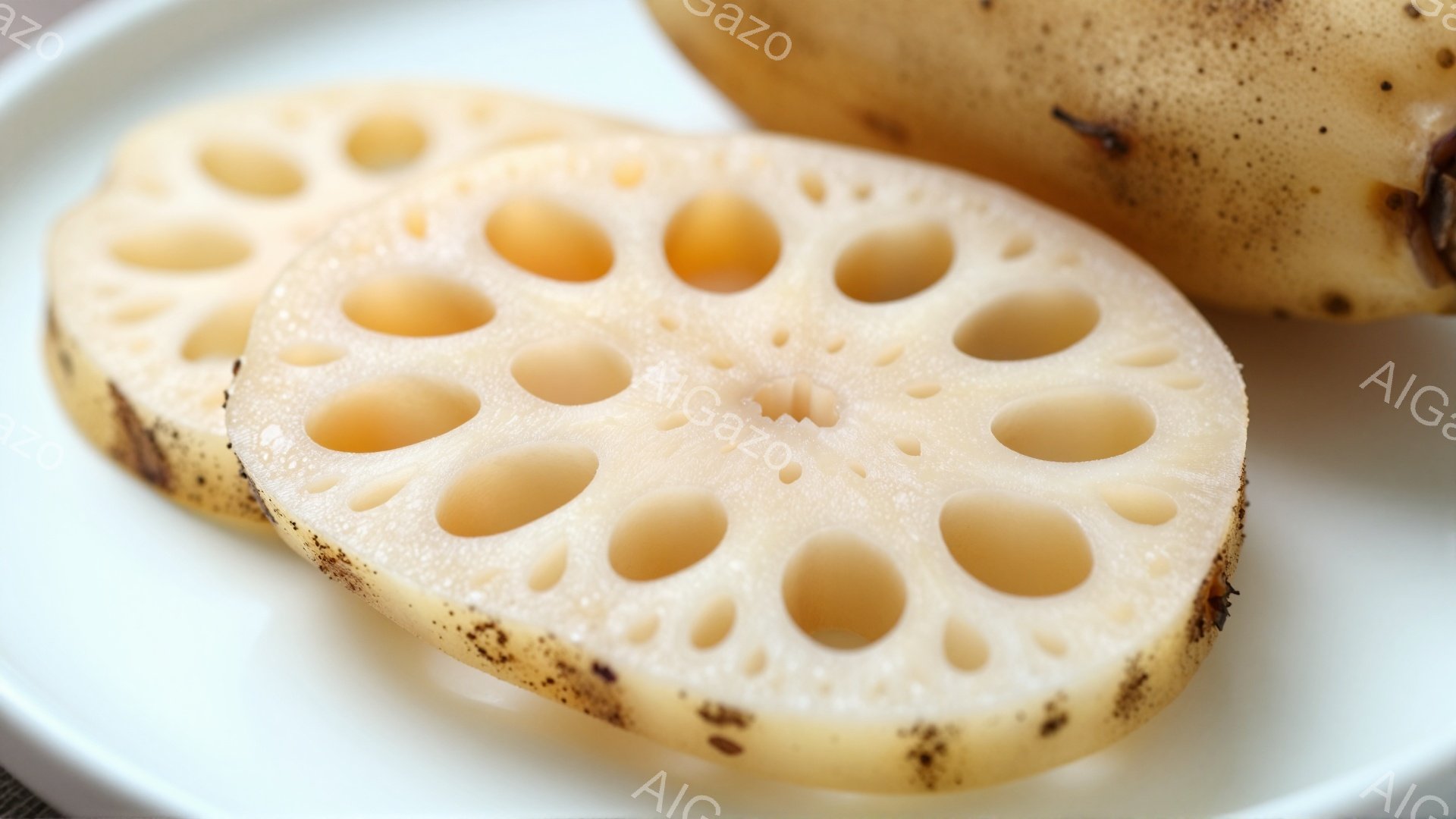 白い皿の上に、蓮根のスライスが２つ並んでいます。淡いベージュ色で、穴あき構造が特徴的で、新鮮さを感じさせます。背景は白く、蓮根の色が引き立ち、シンプルで清潔な印象を与えます。 - AI生成フリー素材