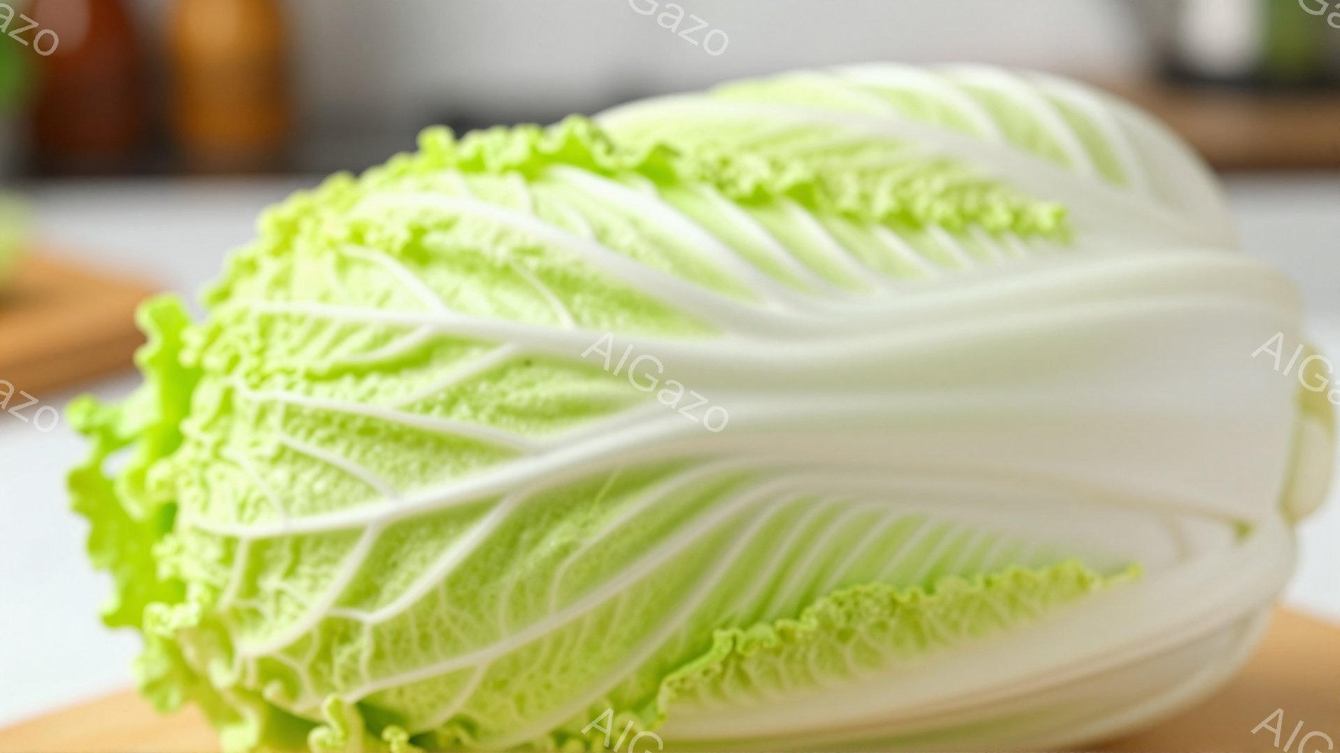 白菜が木製の板の上に置かれています。葉は緑と白のグラデーションで、パリパリとした食感が想像できます。背景はぼやけていますが、キッチンの一部であると思われ、温かみのある雰囲気です。