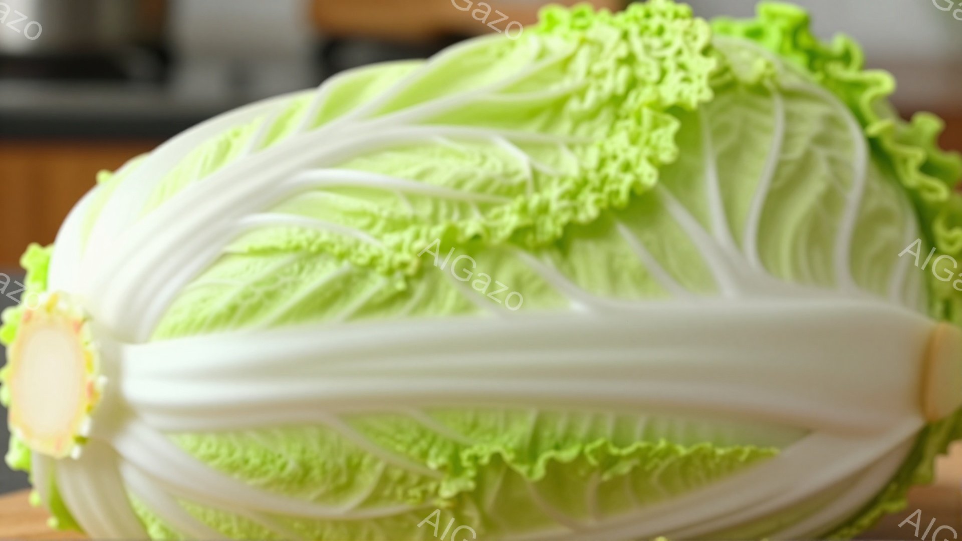 白菜が木の板の上で撮影されています。葉は緑と白が混ざり合い、らせん状に巻いていて、新鮮でみずみずしい印象を与えます。背景はぼやけていますが、キッチンの一部が見え、暖色系の照明が柔らかい雰囲気を作り出しています。