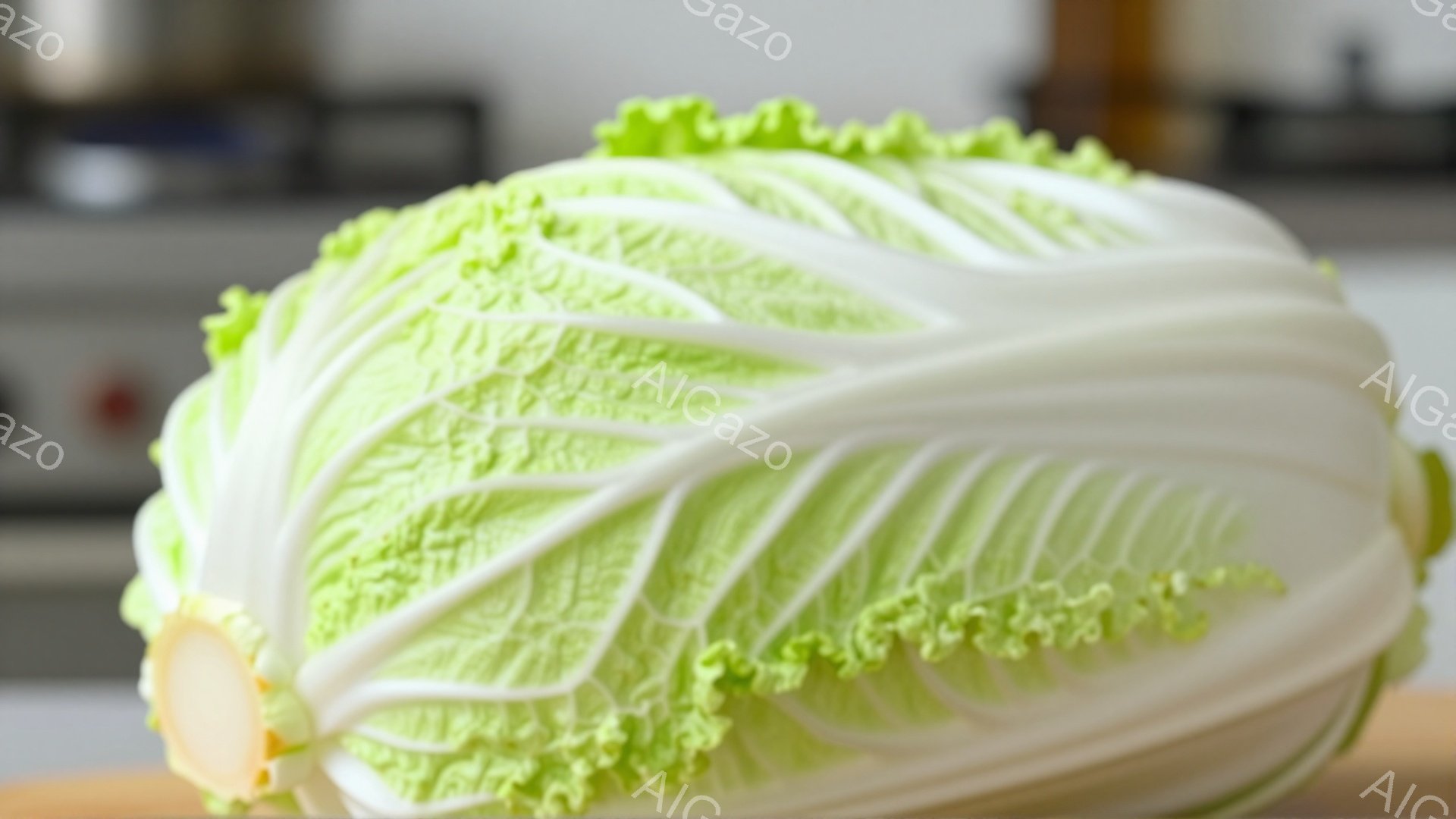 白菜が木製の板の上に置かれています。葉は鮮やかな緑色から白へとグラデーションがかかり、葉脈がはっきりと見えます。背景にはぼやけたキッチンが見え、ステンレス製の器具や暖色系の照明が確認できます。