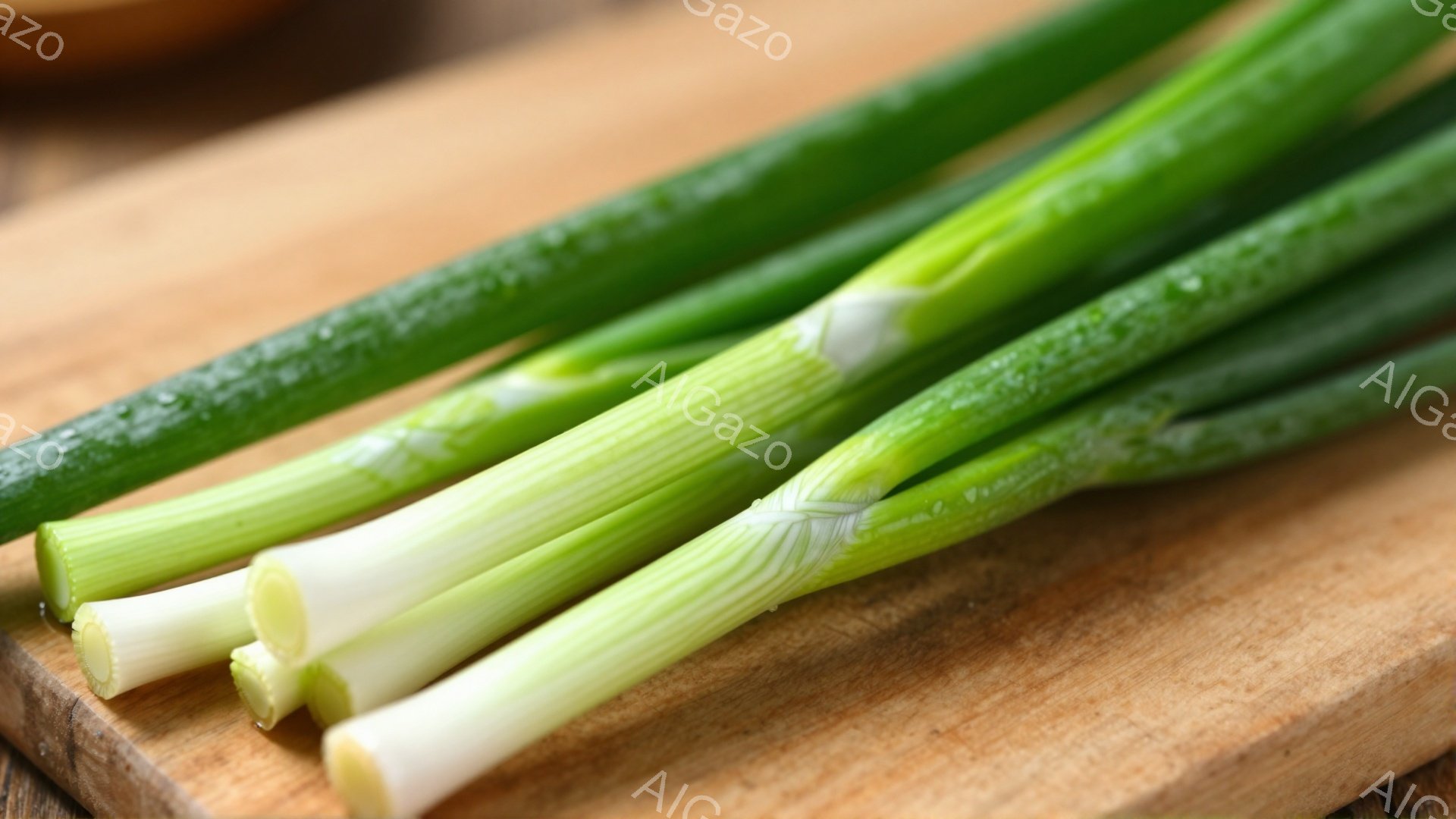 鮮やかな緑色のネギが、木製の板の上に並べられています。ネギは水滴で覆われており、新鮮さを強調しています。背景はぼやけており、ネギが主な被写体として際立っています。