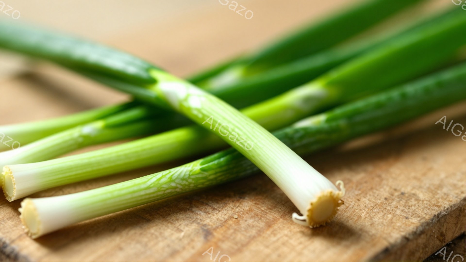 鮮やかな緑色のネギが、木の板の上にいくつか並んでいます。ネギは根元が白く、葉の部分に向かって徐々に緑色が濃くなっています。背景の木の板は、自然な色合いで、ネギの緑色を際立たせています。 - AI生成フリー素材