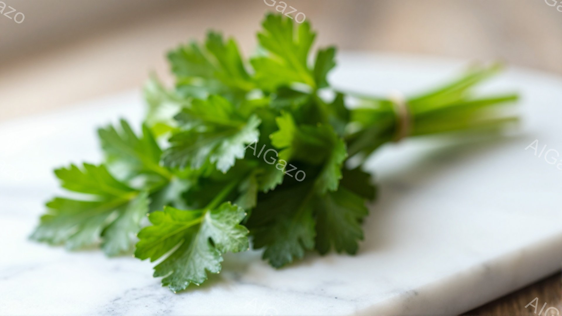 白い大理石の台の上に、緑豊かな香草の束が置かれています。葉はカールして繊細な質感を持ち、新鮮さと生命力を感じさせます。背景はぼやけており、焦点は鮮やかな香草に当てられています。