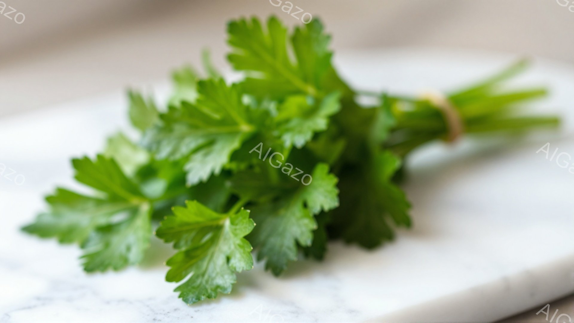 この画像は、切りたての新鮮なパセリの束が、白い大理石のような表面に乗っている様子を捉えています。葉は鮮やかな緑色で、カールした縁が特徴的です。背景はぼやけており、パセリが主役として際立っています。